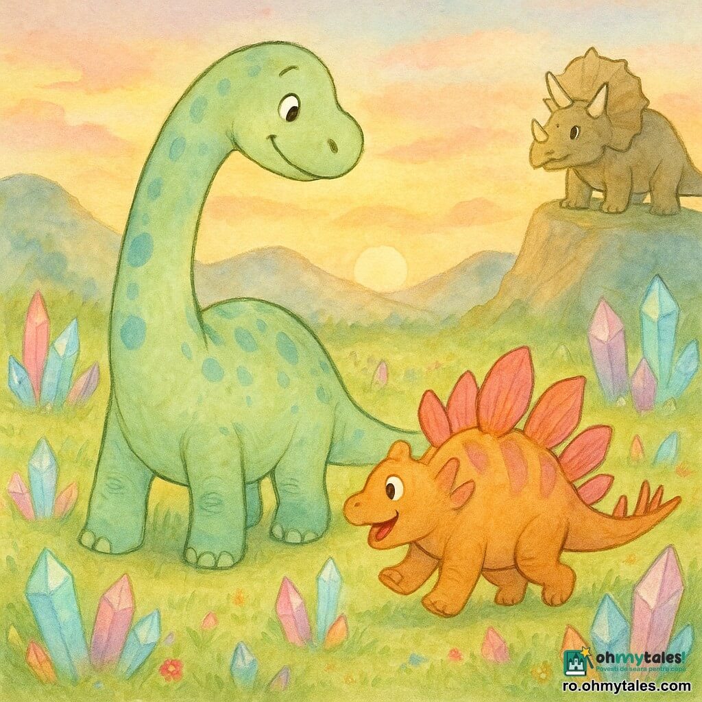 Milo, un mare diplodocus cu gât lung și ochi blânzi, piele verde pal cu pete turcoaz, se plimbă printre cristale întinzând gâtul; Leo, un stégosaur mic, colorat și vesel, cu plăci roz-portocalii, aleargă spre el agitând coada; în fundal, un triceratops liniștit stă pe o stâncă cu coarne strălucitoare și privește cu bunătate. Valea e acoperită de cristale translucide multicolore, iarbă scurtă, flori sălbatice și coline blânde sub un cer pastel la apus. Scena principală: reuniunea tandră a celor doi frați dinozauri printre cristale sclipitoare, lumină blândă și atmosferă magică.