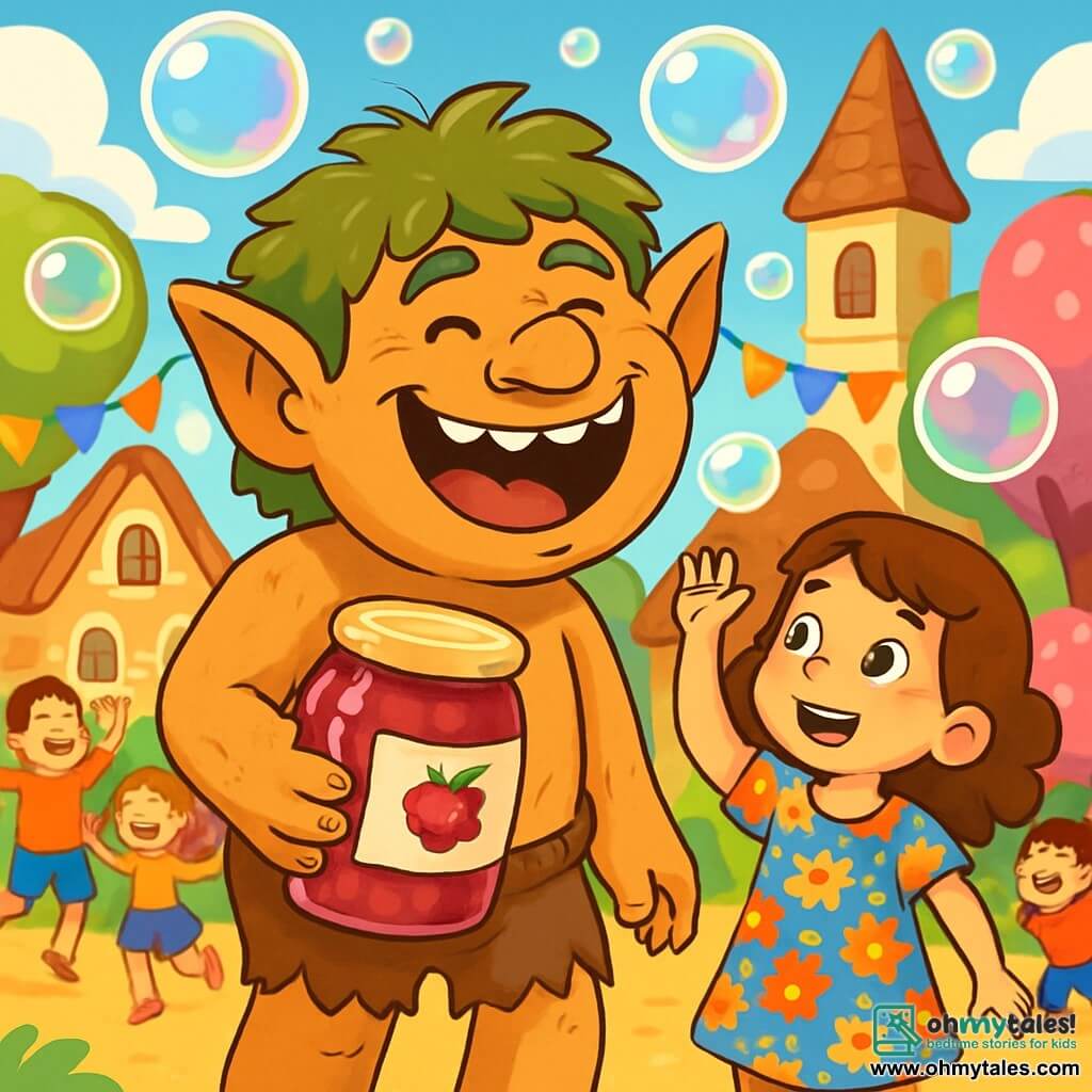 A troll named Glump, with mossy green hair and a big smile, stands in the center of the image, laughing heartily. He has rough skin and sparkling mischievous eyes, while holding a large jar of raspberry jam. Next to him, a small girl with curly brown hair, about 8 years old, wears a colorful floral dress and gazes at the troll in wonder, ready to catch one of the bubbles floating around them. In the background, a sunny village of Whifflewood, with gingerbread houses and candy trees, is decorated with colorful garlands. The scene is filled with giant soap bubbles that pop with amusing sounds, while children laugh and dance around them, creating a joyful and festive atmosphere.