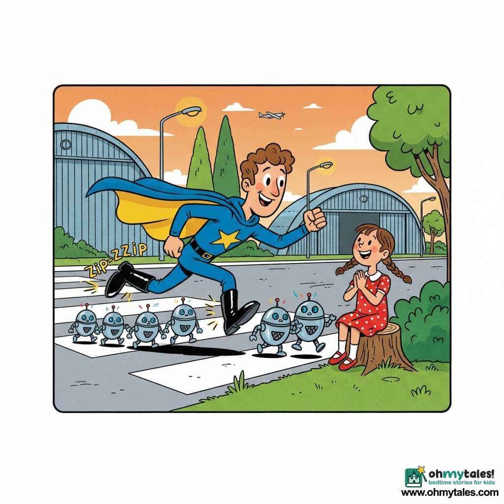 A smiling, determined man named Captain Zip runs with shiny "zip-zip" boots, a blue-and-yellow cape, and curly brown hair, dynamically guiding small silver round robots with glowing blue eyes off an urban runway; a grateful seven-year-old girl with braided brown hair and a red polka-dot dress sits on a stump beside a cleared bush, hands clasped; some robots are still on the runway while others reach the grass, blinking and emitting small colored waves; the scene shows green grass and stylized trees, large metal hangars, an orange late-afternoon sky, retro lampposts and distant planes, conveying a joyful, busy rescue to clear the runway for a landing, with saturated colors, strong contrast, rounded silhouettes and exaggerated expressions.