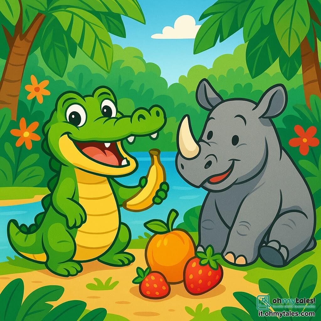 Un coccodrillo felice di nome Carlo, con una pelle verde brillante e occhi scintillanti di gioia, si trova sulla riva di un fiume, sorridendo ampiamente mentre tiene una banana nella sua zampa. Accanto a lui, un rinoceronte amichevole di nome Roberto, con una pelle grigia ruvida e corna imponenti, guarda Carlo con ammirazione, pronto a gustare un frutto. Sullo sfondo, si estende una giungla lussureggiante, piena di alberi giganti con foglie verdi brillanti, fiori colorati e un cielo blu intenso. La scena mostra Carlo e Roberto mentre celebrano la loro amicizia, circondati da frutti succosi e risate, creando un'atmosfera gioiosa e festosa.