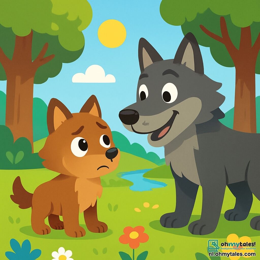 Een kleine wolf met een zachte, bruine vacht, genaamd Lobo, staat moedig in het midden van de scène, met heldere en vastberaden ogen, en een uitdrukking die zowel nieuwsgierig als een beetje nerveus is. Naast hem leunt de Grote Slechte Wolf, een grote grijze wolf met doordringende ogen en een vriendelijke glimlach, iets naar Lobo toe, met een verraste en warme uitdrukking. De setting is een zonnige open plek in een weelderig bos, omringd door grote bomen met stevige stammen en kleurrijke bloemen die in de bries dansen. Op de achtergrond schittert een beekje onder de zonnestralen, wat een vleugje magie aan de omgeving toevoegt. De belangrijkste situatie toont Lobo, de kleine wolf, die moed toont door naar de Grote Slechte Wolf toe te gaan om met haar te praten, terwijl ze tegenover elkaar staan, klaar om elkaar te begrijpen en vrienden te worden.