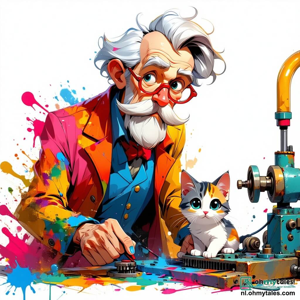 In het midden van de afbeelding staat de hoofdpersoon, professor Pluis, een man van ongeveer 60 jaar met tousled haar en een grote witte snor. Hij draagt een kleurrijke laboratoriumjas vol verfspatten, en zijn ogen stralen van opwinding terwijl hij tandwielen aan zijn bizarre machine aanpast. Naast hem zit zijn kat Miep, een kleine vrouwelijke met een gestreepte vacht, nieuwsgierig te kijken vanaf een stapel verspreide sokken. De omgeving is het chaotische atelier van de professor, vol gadgets, machineonderdelen en tekeningen aan de muur. Planken puilen uit van gereedschap en kleurrijke dozen, terwijl een raam zonlicht binnenlaat dat de scène een vrolijke sfeer geeft. De hoofdactie toont professor Pluis die zijn nieuwe uitvinding activeert, een sokkenvouwmachine die tot leven komt met knipperende lichten en mechanische geluiden. Sokken vliegen door de lucht als confetti, wat een grappige en chaotische sfeer creëert, terwijl de professor lacht om het onverwachte.