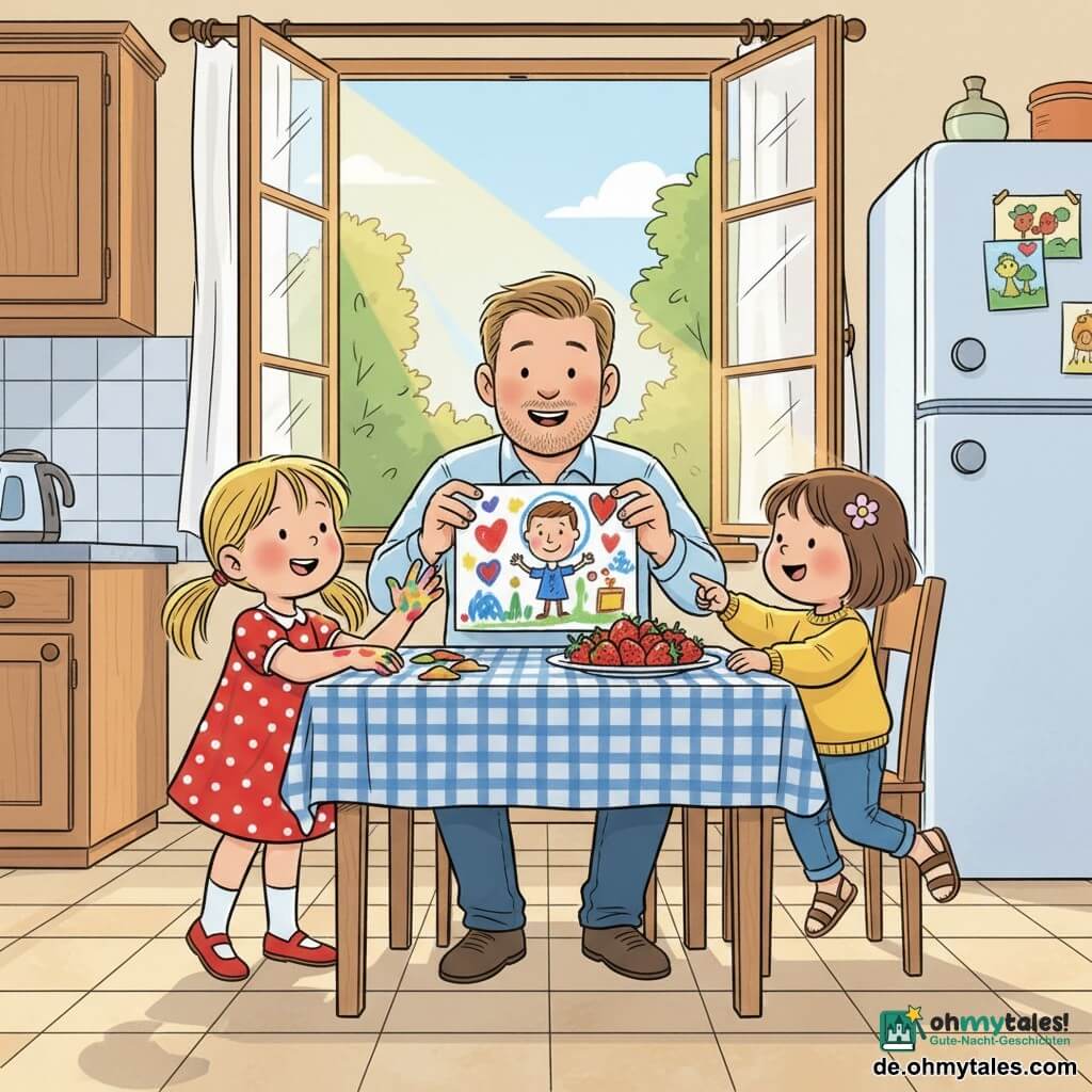 Drei Personen: ein Vater (Mann, ~36 Jahre) mit rundem Gesicht, Dreitagebart, hellbraunen Haaren und warmem Lächeln sitzt am hellen Holztisch und hält stolz das Rückseite des Bildes; links Lilli (~7) mit blonden Zöpfen, rotem gepunktetem Kleid und farbklecksen an den Fingern reicht ihm das Bild, rechts Mia (~5) mit kurzem brünettem Haar, Blumenhaarbürste, gelbem Pulli und Sandalen hüpft leicht und zeigt eine Erdbeere auf dem Teller. Ort: sonnige, gemütliche Küche mit blau kariertem Tischtuch, offenem Fenster mit wehenden Gardinen, beigen Fliesen und Kinderzeichnungen am Kühlschrank. Szene: Überraschungsmorgen zum Vatertag, die Mädchen schenken ein buntes Bild und ein einfaches Frühstück, fröhliche Gesichter, sanftes Licht, zarte familiäre Stimmung, kräftige Farben, klare Konturen im Stil einer europäischen Comiczeichnung.
