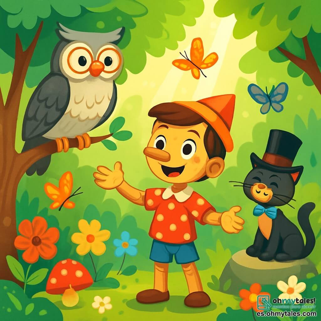 Pinocho, un niño de madera con ojos brillantes y una sonrisa radiante, se encuentra en el centro de un claro soleado, rodeado de flores vibrantes y mariposas coloridas. Su cuerpo de madera es liso y pulido, y lleva una camisa roja con lunares blancos y un pequeño sombrero puntiagudo. Está gesticulando con entusiasmo, los brazos abiertos, como si compartiera una gran noticia. A su lado, la Señora Búho, una gran lechuza de plumas plateadas y gafas doradas, está posada en una rama baja, escuchando atentamente a Pinocho con un aire sabio y benevolente. Un poco más lejos, el Gato Filósofo, un gato elegante con un sombrero de copa y una pajarita de lunares, se estira perezosamente sobre una piedra, observando la escena con una sonrisa traviesa. El lugar es un hermoso bosque verde, donde los rayos del sol filtran a través de las hojas, creando patrones luminosos en el suelo cubierto de musgo. Flores multicolores y hongos de formas extrañas salpican el suelo, añadiendo un toque de magia al entorno. La situación principal muestra a Pinocho compartiendo con pasión las lecciones que ha aprendido sobre la importancia de escuchar a los demás, celebrar las diferencias y trabajar juntos, mientras los personajes secundarios lo escuchan con admiración, creando una atmósfera de alegría y armonía.