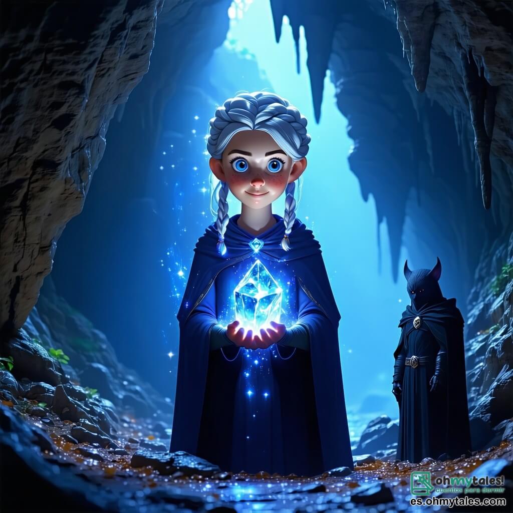 Elara, una mujer maga de cabello plateado y ojos brillantes como estrellas, se encuentra en el centro de una caverna misteriosa, sosteniendo el Cristal de Aethra en sus manos. Su rostro expresa una determinación asombrosa, mientras una suave luz del cristal ilumina su cara. A su lado, un guardián oscuro, una criatura de forma humanoide, se erige con piel negra como el ónice y ojos rojos brillantes, listo para defender el cristal. Es alto e imponente, con brazos musculosos preparados para atacar. La caverna está adornada con cristales brillantes que reflejan la luz, creando un espectáculo de colores vivos en las paredes rocosas. Estalactitas cuelgan del techo y una ligera neblina flota cerca del suelo, añadiendo una atmósfera mística a la escena. La situación principal muestra a Elara, lista para enfrentarse al guardián y recuperar el cristal, un momento de tensión donde la magia y el coraje se entrelazan en una épica lucha por el destino del mundo.