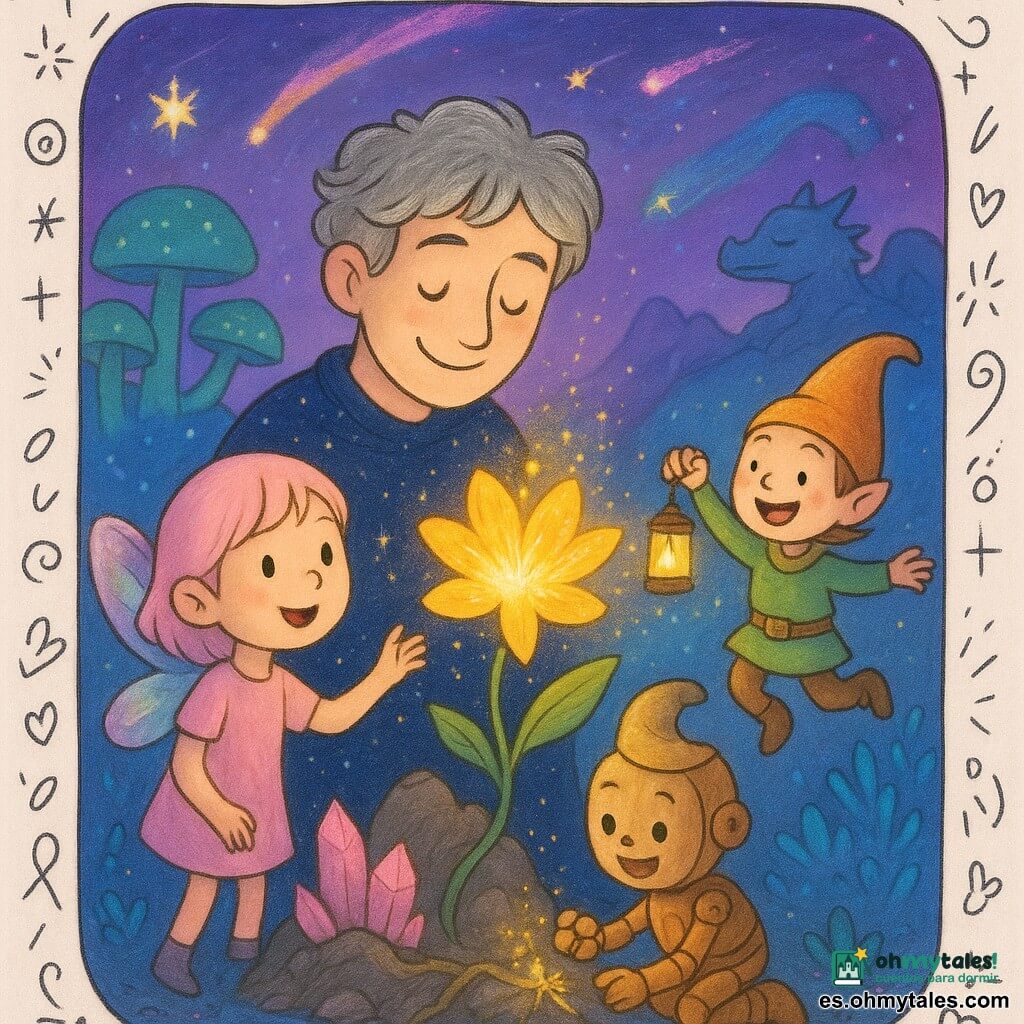 Un hombre adulto, sonriente y sereno, de ojos brillantes y cabello gris plateado alborotado, viste una túnica azul noche con estrellas y acaricia una gran flor dorada chispeante; a su izquierda, una niña de unos 8 años con alas de mariposa translúcidas color arcoíris y cabello rosa pálido la mira maravillada mientras extiende la mano; a su derecha, un pequeño elfo de 10 años peludo con gorro en forma de luna brinca alegre sosteniendo una linterna que proyecta puntos de luz; junto a la base de la flor, un robot infantil de madera pulida con engranajes visibles repara una raíz brillante lanzando pequeñas chispas; todo ello sobre una montaña flotante con cristales rosas y grandes hongos verdes, cielo violeta con cometas y auroras y un bosquecillo de árboles azul eléctrico de hojas neón; la escena muestra cómo el hombre revive la flor dormida mientras la luz se esparce en partículas doradas, un dragón de humo duerme en una cresta y el grupo comparte un momento tierno y mágico, estilo colorido y atmósfera féerica.
