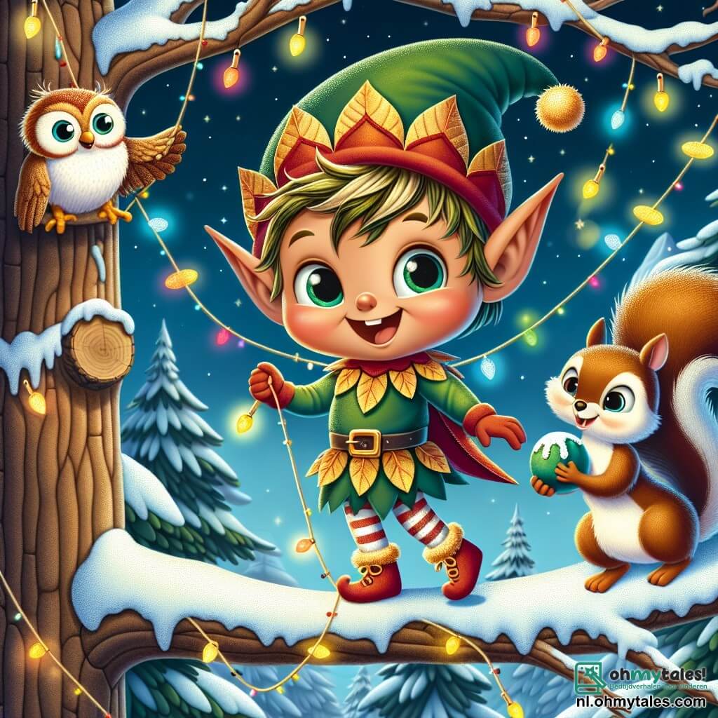 Flonky, een klein elfje met glinsterende groene vleugels, staat op een boomtak met een grote blije glimlach op zijn gezicht. Hij draagt een puntige rode hoed en een tuniek versierd met gouden bladeren, terwijl hij een slinger van kleurrijke lichten vasthoudt die hij gaat ophangen. Naast hem springt Chippy, een klein bruin eekhoorntje met sprankelende ogen, enthousiast met een sneeuwbal in zijn voorpootjes. Hij ziet er ondeugend en gelukkig uit, klaar om zijn sneeuwbal naar Flonky te gooien. Iets verderop zit Olli, een wijze uil met witte en bruine veren, op een tak en kijkt met een vriendelijke blik naar de scène. Zijn grote ronde ogen stralen intelligentie en vreugde uit, terwijl hij zacht hoot om zijn vrienden aan te moedigen. De scène speelt zich af in een betoverd bos, waar de bomen bedekt zijn met glinsterende sneeuw en versierd zijn met kleurrijke lichten. Sneeuwvlokken vallen zachtjes uit de sterrenhemel, wat een magische en feestelijke sfeer creëert. Flonky en zijn vrienden zijn druk bezig met het versieren van hun bos voor Kerstmis, vol enthousiasme en kameraadschap, terwijl de magie van het seizoen hen omringt.