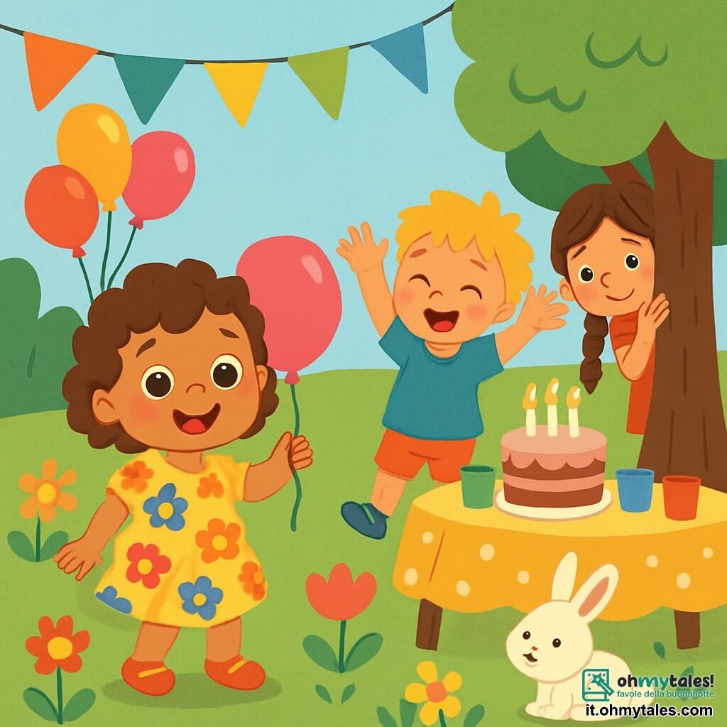 Una bambina di 2 anni, Lucia, con grandi occhi brillanti e capelli ricci, sorride felicemente stringendo un palloncino rosa. Indossa un vestito a fiori colorati, piena di gioia ed eccitazione. Accanto a lei, un bambino di 3 anni, Marco, con i capelli biondi disordinati e una maglietta blu, ride alzando le braccia per giocare a nascondino. Un'altra bambina, Maria, di 4 anni con capelli castani intrecciati, è nascosta dietro un albero, pronta a unirsi al gioco. La scena si svolge in un giardino soleggiato, pieno di fiori colorati, alberi verdi e festoni di palloncini fluttuanti. Una tavola decorata con una bella tovaglia e una grande torta di compleanno troneggia al centro, circondata da bicchieri colorati. Lucia e i suoi amici si divertono a giocare a nascondino, ridendo e correndo tra i fiori, mentre un coniglietto bianco, Coni, li osserva con curiosità, aggiungendo un tocco di magia a questa gioiosa festa di compleanno.