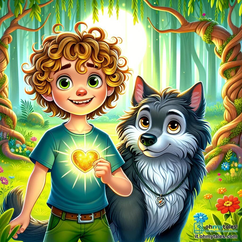 Al centro dell'immagine c'è un ragazzo di 7 anni di nome Leo, con capelli ricci e dorati, che sorride con coraggio e amicizia. Indossa una maglietta blu e pantaloni corti verdi, tenendo un amuleto a forma di cuore scintillante nella mano, pronto a difendere il suo nuovo amico. Accanto a lui c'è Lupo Nero, un grande lupo grigio con occhi dolci e tristi, che mostra gratitudine e curiosità. Il suo pelo è spesso e setoso, e guarda Leo con ammirazione. Sullo sfondo, la scena si svolge in una foresta incantata con alberi alti e nodosi e foglie verdi che danzano nel vento. Leo e Lupo Nero sono uniti di fronte a un gruppo di animali del bosco, che li guardano con speranza; Leo spiega che l'amicizia può superare ogni paura, mentre Lupo Nero è pronto a dimostrare di non essere il cattivo che pensavano.