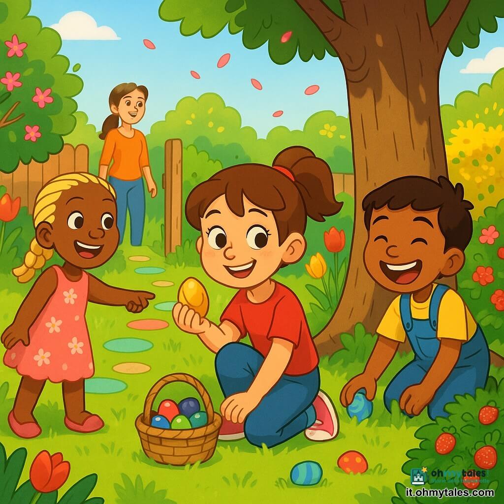 Bambina di 6 anni Lisa, viso rotondo e lentiggini, capelli castani raccolti, sorriso luminoso, inginocchiata vicino a un vecchio melo mentre tiene delicatamente un uovo di cioccolato avvolto in carta dorata; bambina di 6 anni Sofia, capelli biondi intrecciati, vestito rosa a fiori, in piedi a sinistra di Lisa indicando un sentiero di ciottoli colorati; bambino di 6 anni Marco, capelli castani corti, salopette blu, raccoglie un altro uovo vicino a un cespuglio di fragole a destra; la madre trentenne con capelli lunghi raccolti sorride teneramente sullo sfondo vicino alla porta del giardino; giardino primaverile con prato verde, tulipani rossi e gialli, cespugli fioriti e un grande melo dalla corteccia ruvida; situazione: caccia alle uova al sole — Lisa trova il primo uovo dorato tra le radici del melo, gli amici la guardano eccitati, cesti di vimini pieni di cioccolatini e petali che fluttuano nell'aria.