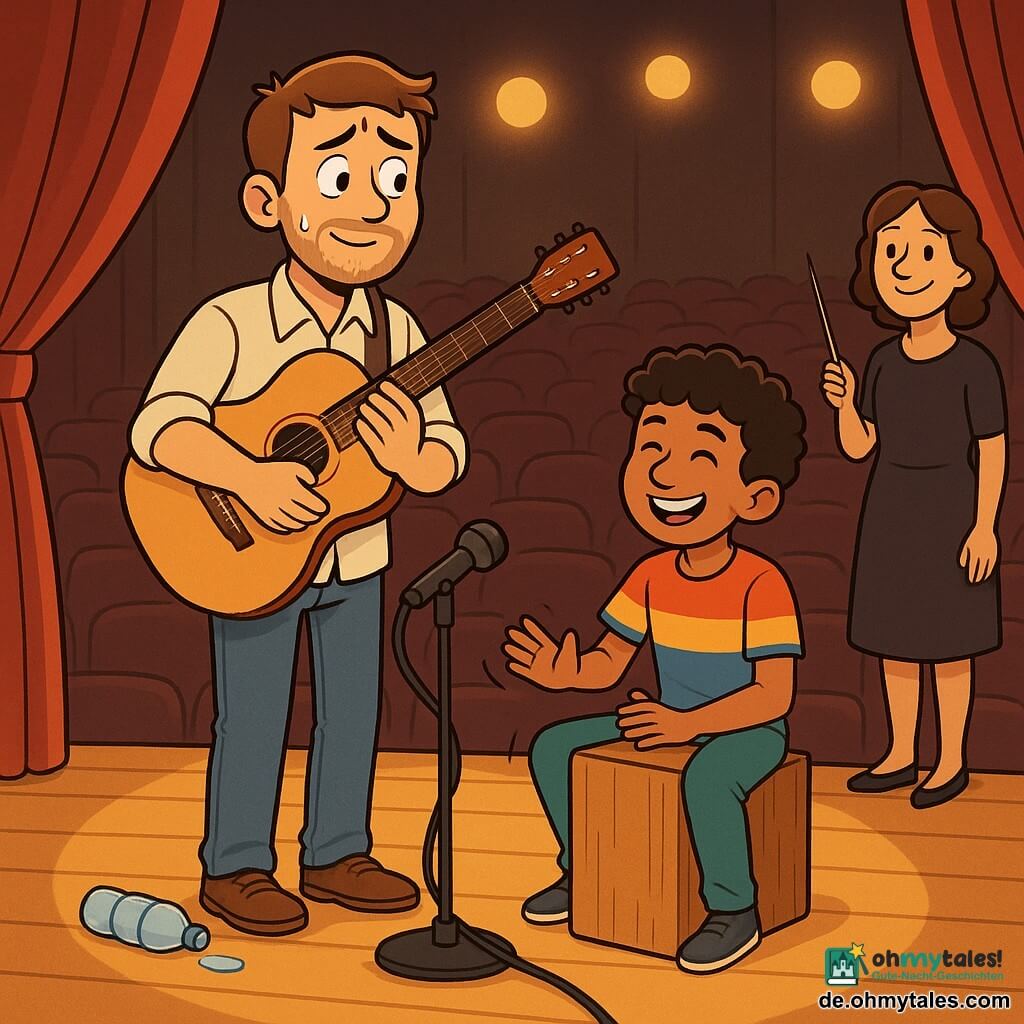 Ein junger Mann, der Protagonist, mit kurzem braunem Haar, leichter Dreitagebart, heller Hemd und Jeans, wirkt nervös und lächelnd, hält eine akustische Gitarre und schaut leicht nach rechts; neben ihm sitzt der etwa 12-jährige Emir, leicht gebräunt, mit schwarzen lockigen Haaren und buntem T‑Shirt auf einem Holzcajón und schlägt einen fröhlichen Rhythmus, er schaut ermutigend zum Mann; etwas weiter hinten rechts steht die etwa 40-jährige Dirigentin in dunklem Kleid mit Taktstock, lächelnd und stolz am Bühnenrand; Schauplatz ist eine Auditoriumbühne mit glänzendem Holzfußboden, geöffneten roten Vorhängen, leeren bordeauxroten Samtsesseln und warmem Scheinwerferlicht mit goldenen Halos; Szene: Probe vor einem Konzert, Mann und Junge spielen zusammen im Bühnenzentrum in unterstützender, geteilter Atmosphäre, kleine Requisite wie eine umgestoßene Wasserflasche neben dem Mikro als amüsantes Detail; visueller Stil: warme kontrastreiche Farben, klare ausdrucksstarke Konturen, einfache Schatten, einladende Stimmung.