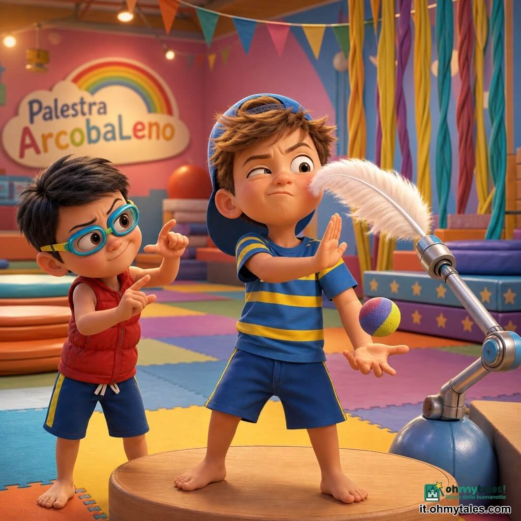 Ci sono due personaggi principali: Nico (bambino ~8 anni) capelli castano chiaro scompigliati, volto rotondo e occhi maliziosi, maglietta a righe blu e gialla, cappellino sportivo portato all'indietro, in piedi su una pedana di legno chiaro al centro, concentrato con una mano davanti per fermare una piuma e l'altra che giocoliere delicatamente con una pallina di spugna; Leo (bambino ~8 anni) capelli neri corti, grande sorriso trattenuto, occhialini da piscina colorati e gilet rosso, a sinistra della pedana in posa comica-seria che finge di tenere un cartello immaginario e pone una domanda assurda a Nico. Luogo: grande palestra colorata chiamata "Palestra Arcobaleno" con pareti sfumate rosa e azzurro, pavimento in gomma multicolore a quadri, tappeti rotondi che fanno "puf", corde spesse pendenti e materassi impilati a motivi stellati, luci soffuse e festoni al soffitto. Situazione: momento di tensione divertente: Nico attraversa una pedana stretta mentre una gigantesca piuma bianca montata su un braccio meccanico si avvicina lentamente per solleticargli la guancia; la piuma è soffice e quasi traslucida, l'atmosfera è luminosa, calda, piena di movimento e umorismo visivo.