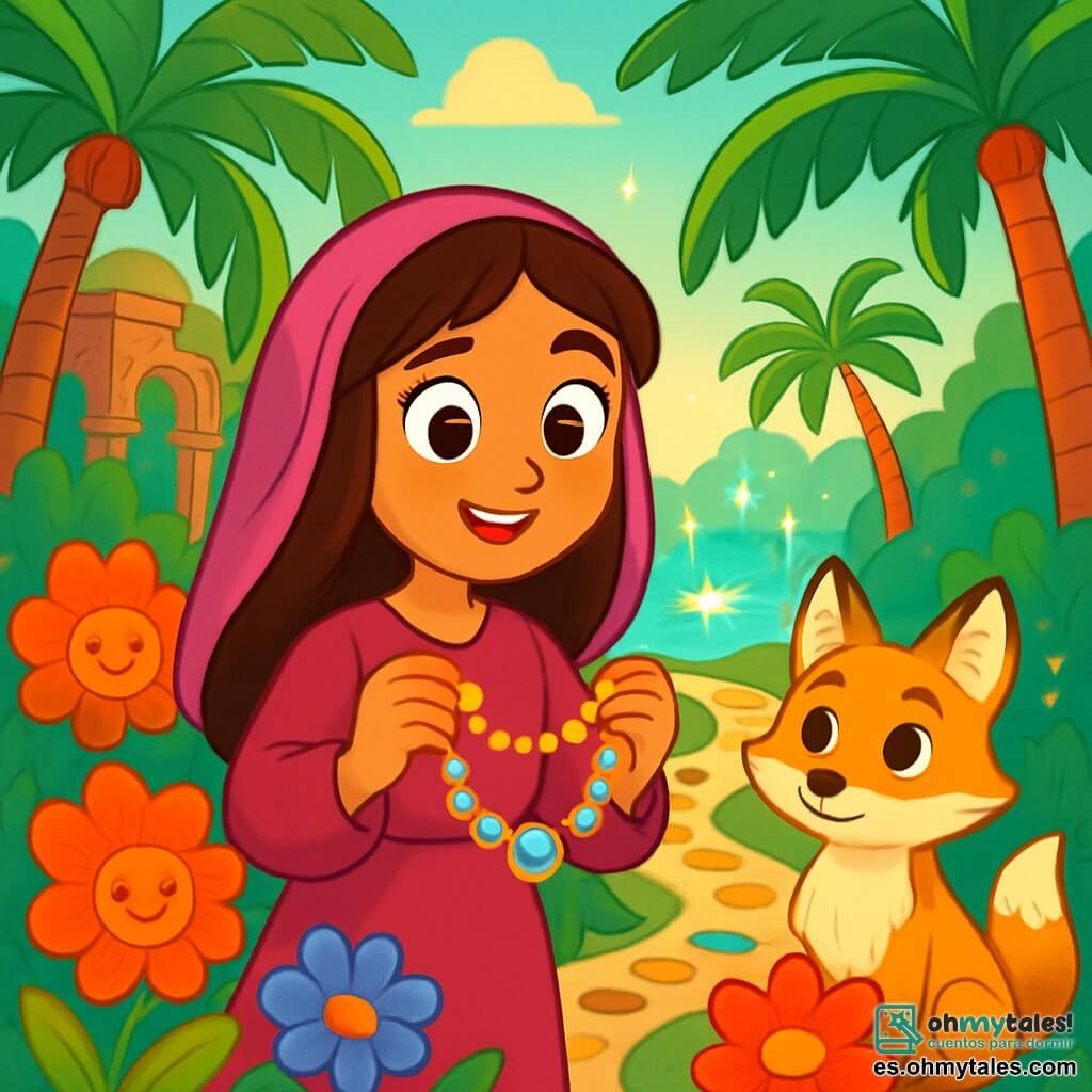 Layla, una joven con largos cabellos castaños y ojos llenos de curiosidad, se encuentra en el centro de un jardín encantado, rodeada de flores brillantes que cantan suavemente. Su rostro expresa asombro y determinación, mientras sostiene un hermoso collar brillante en sus manos. A su lado, Zafir, un pequeño zorro de pelaje dorado y ojos brillantes, la observa con una mirada sabia y protectora, listo para ayudarla en su búsqueda. El jardín es un lugar mágico, lleno de palmeras de hojas exuberantes, flores multicolores y una luz dorada que filtra a través de las ramas, creando una atmósfera de cuento de hadas. Caminos de piedras preciosas serpentean por el jardín, conduciendo a estatuas antiguas y fuentes murmullantes. La escena principal muestra a Layla y Zafir descubriendo un fascinante espejismo, una oasis brillante que parece llamarlos. Layla, con una mezcla de emoción y precaución, se prepara para avanzar, mientras Zafir la advierte, revelando así el dilema entre la belleza engañosa y la sabiduría.
