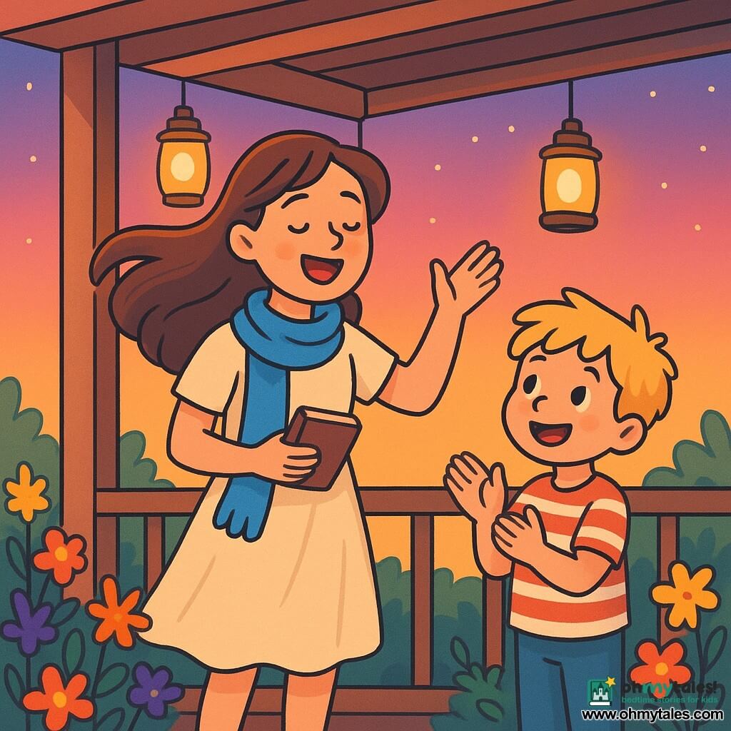 A young woman, Lila, smiling and joyful, stands on a wooden porch wearing a blue scarf and a light dress. Her brown hair gently floats in the wind as she holds a small notebook in one hand, while the other hand is raised to sing. Next to her, a little boy named Jo, 6 years old with messy blonde hair and a striped t-shirt, claps softly, his eyes shining with excitement. The porch is surrounded by colorful flowers and twinkling lanterns, as the sky turns pink and orange at sunset. The scene is peaceful and warm, filled with soft light. Lila sings a gentle melody, and all the neighbors gather around her, listening attentively and sharing a moment of musical magic under the starry sky.