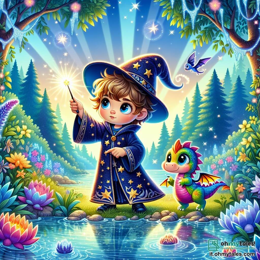 Un giovane stregone di nome Luca, di circa 10 anni, si trova sulla riva di un lago scintillante, con gli occhi pieni di determinazione e meraviglia. Indossa una veste da stregone blu notte decorata con stelle dorate e un piccolo cappello a punta. Nella sua mano tiene una bacchetta magica che emette una dolce luce. Accanto a lui, un piccolo drago colorato di nome Fiocco, con squame arcobaleno e grandi occhi curiosi, batte le ali con entusiasmo. Il paesaggio è incantevole: il lago è circondato da fiori luminosi e alberi maestosi, le cui foglie brillano al sole. Luca, concentrato e coraggioso, pronuncia parole magiche per evocare l'amuleto nascosto sul fondo del lago, mentre Fiocco lo incoraggia con un sorriso gioioso.
