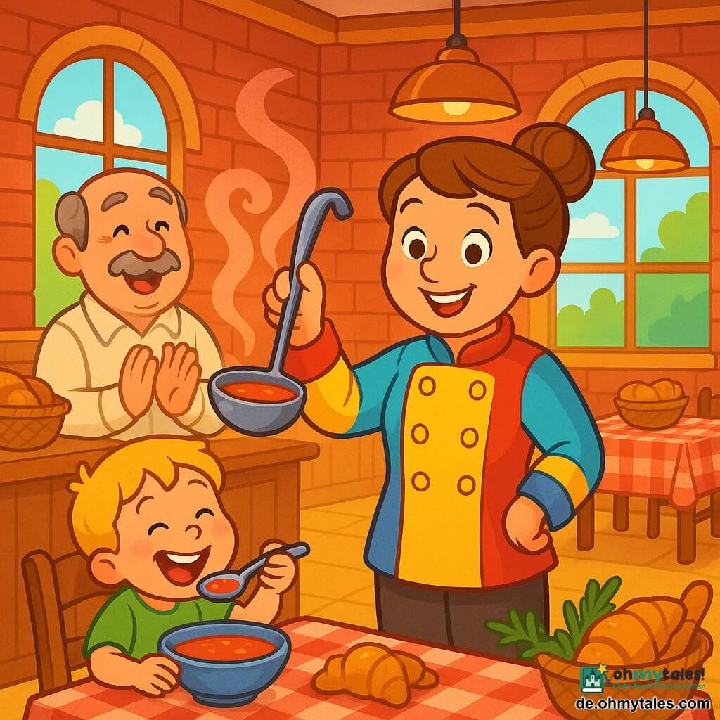 Mia, strahlend und lächelnd, trägt eine glänzende, mehrfarbige Chefjacke, hat hellbraune Haare im Dutt und hält eine große Kelle, aus der rosa-orange dampfende Tomatensuppe aufsteigt; links von ihr applaudiert der etwa 50-jährige Herr Müller mit rundem Gesicht und gräulichem Schnauzbart in hellem Hemd, vorn sitzt ein etwa sechsjähriger blonder Junge mit rosigen Wangen und löffelt lachend Suppe an einem kleinen Holztisch; die Szene spielt in einem gemütlichen kleinen Restaurant mit roten Backsteinwänden, großen Fenstern, kupfernen Hängelampen, karierten Tischdecken und Brotkörben, warme Atmosphäre, lebhafte Farben und köstliche Details wie Croissants, glasierten Schüsseln, frischen Kräutern und Kinderlächeln.