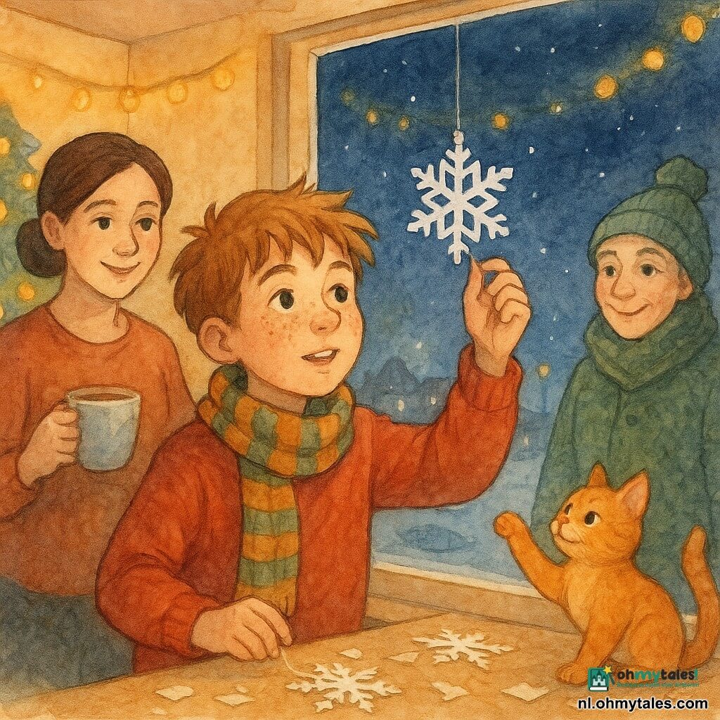Een 10-jarige jongen met rond gezicht, taches de rousseur, warrig lichtbruin haar en een vastberaden verwonderde blik hangt aan een grote raam een transparant draadje met een papieren sneeuwvlok; hij draagt een dikke rode trui en een gestreepte sjaal. Zijn moeder (circa 35) met opgestoken bruin haar en zachte glimlach staat iets achter links met een mok warme chocolademelk en kijkt liefdevol, buurvrouw Noor (circa 40) in een groene textuurbeklede jas en pomponmuts staat buiten rechts bij de stoep en kijkt samenzweerderig naar binnen. Kat Puk, een roodharige kat, zit op de vensterbank met opgeheven poot, nieuwsgierig naar het draadje. Binnen is een warme woonkamer met kerstguirlandes, gouden licht, uitgesneden papieren en kleine papiersnippers op de vloer; het raam is glanzend schoon. Buiten is een diepe nachtelijke sterrenhemel met verlichte lantaarns en besneeuwde huizen. Situatie: de jongen hangt voorzichtig papieren sneeuwvlokken aan bijna onzichtbare draadjes en zuignappen zodat ze lijken te zweven; sfeer zacht, magisch en intiem, aquarelpastelpalet met warme accenten.