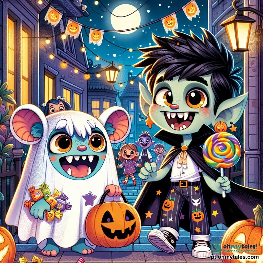 Mimi, um pequeno monstro com grandes orelhas e olhos redondos, está de pé na porta de casa, com um grande sorriso no rosto. Ele usa um traje de fantasma feito de lençóis brancos, decorado com desenhos de abóboras e estrelas, e segura uma pequena sacola em forma de abóbora cheia de doces. Ao seu lado, há um vampiro simpático, com uma capa preta e dentes afiados, que ri alegremente segurando um pirulito gigante. O cenário é uma rua animada, iluminada por lanternas laranja e decorações de Halloween, com casas enfeitadas com teias de aranha e fantasmas de papel. Crianças fantasiadas correm alegremente, criando uma atmosfera festiva e colorida. A cena principal mostra Mimi e seu amigo vampiro entrando em uma casa misteriosa, onde luzes cintilantes e risadas ecoam, prontos para descobrir a magia da festa de Halloween.