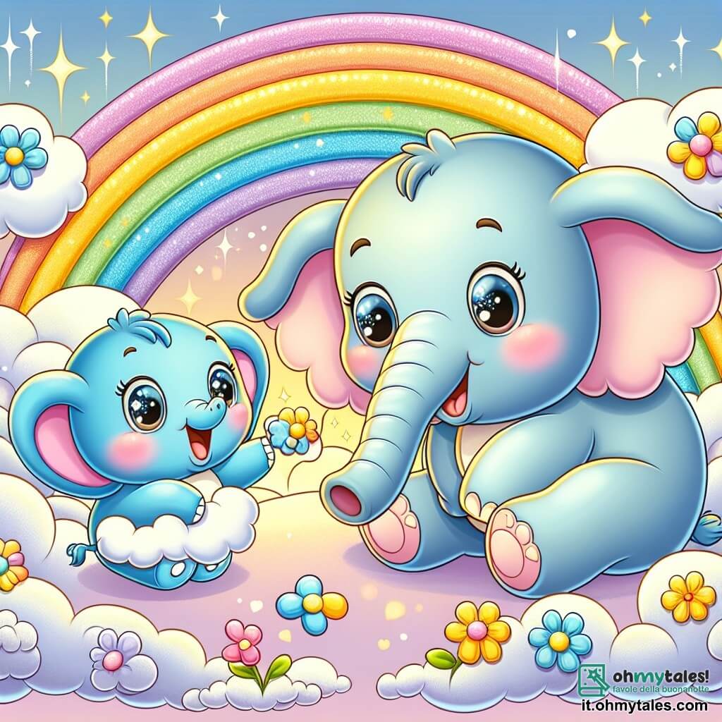 Un piccolo elefante blu, con grandi orecchie e occhi brillanti di gioia, tiene una lettera a forma di nuvola tra le sue piccole zampe. Ha un ampio sorriso sul volto, traboccante di eccitazione e amore. Accanto a lui, una mamma elefante dai tenui toni pastello, con occhi brillanti di tenerezza, guarda la lettera con un sorriso commosso, le sue grandi zampe posate sul pancione rotondo. Si piega leggermente verso il suo piccolo, piena di calore e orgoglio. La scena si svolge in un cielo soleggiato, pieno di nuvole soffici e colorate, con arcobaleni scintillanti sullo sfondo. Fiori a forma di nuvola fluttuano attorno a loro, aggiungendo un tocco di magia all'ambiente. Il piccolo elefante, tutto emozionato, sta dando la sua lettera alla mamma per la festa della mamma, creando un momento tenero e gioioso tra loro, pieno di amore e felicità.