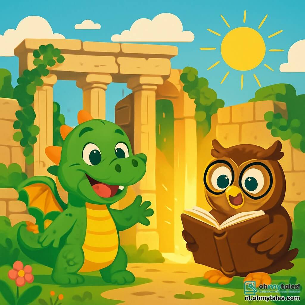 Een kleine groene draak genaamd Puff, met glanzende schubben en nieuwsgierige ogen, staat voor een oude ruïne in Rome met een grote glimlach van opwinding op zijn gezicht. Naast hem kijkt een wijze uil genaamd Olli, met bruin veren en ronde bril, aandachtig naar een oud open boek met een geconcentreerde en enthousiaste uitdrukking. De ruïne is omgeven door stenen muren bedekt met klimop, met majestueuze zuilen en kleurrijke bloemen die tussen de scheuren groeien. De lucht is helderblauw, bezaaid met donzige witte wolken, en de zon schijnt warm op de scène. Puff en Olli ontdekken een oud geheim terwijl ze vrolijk zingen, terwijl een geheime deur langzaam opent en een prachtige gouden licht onthult dat hun verwonderde gezichten verlicht.