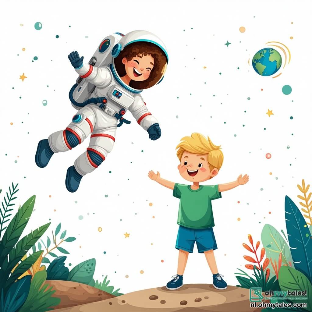 Astronaut Anna is een vrouw met bruin, krullend haar, die een kleurrijk ruimtepak draagt, met een grote, verwonderde glimlach op haar gezicht. Ze zweeft lichtjes boven de grond, met haar armen open, alsof ze de schoonheid van de nieuwe planeet verwelkomt. Sam is een 8-jarig jongetje met blond haar en nieuwsgierige ogen. Hij draagt een groene t-shirt en een blauwe korte broek, en staat naast Anna met zijn handen op zijn heupen, terwijl hij met bewondering kijkt naar de schoonheid om hen heen. De scène speelt zich af op een buitenaardse planeet, waar de grond bedekt is met felblauw gras en kleurrijke bloemen. Groene bergen rijzen op aan de horizon onder een sterrenhemel, verlicht door een heldere maan en fonkelende sterren. De belangrijkste situatie toont Anna en Sam die samen de schoonheid van de planeet ontdekken, terwijl Anna verhalen over de sterren vertelt en Sam aandachtig luistert, met zijn ogen wijd open van verwondering.