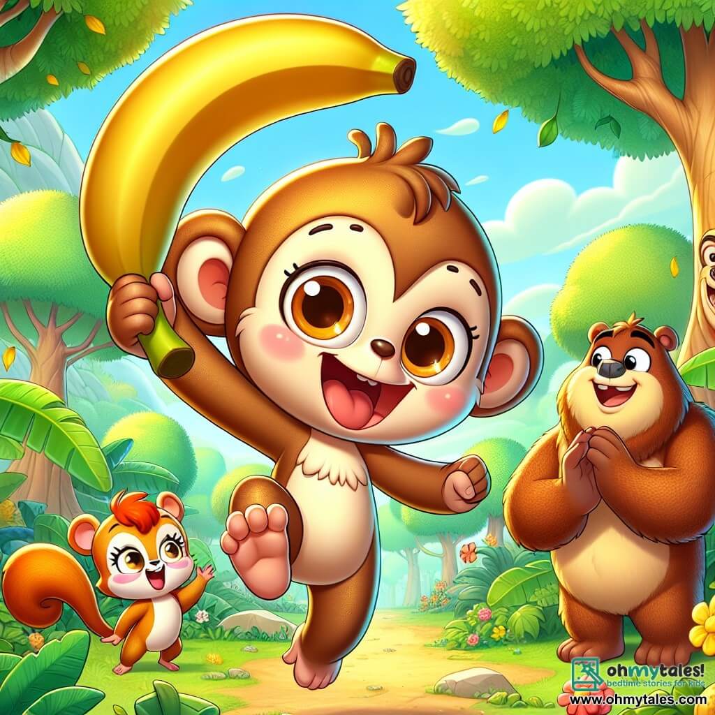 A little monkey named Momo, with light brown fur and sparkling mischievous eyes, is jumping for joy, holding a huge golden banana above his head. He has a big smile on his face, showing his excitement and pride. Next to him, Lila, a small squirrel with reddish fur and a bushy tail, is clapping enthusiastically, her eyes shining with admiration. Benny, a sturdy brown bear with a jovial expression, stands a bit back, laughing and shaking his head at the amusing scene. The scene takes place in a sunny clearing of the enchanted forest, surrounded by majestic trees with bright green leaves and colorful flowers dancing in the gentle breeze. In the center, a large banana tree stands, its golden fruits sparkling in the sun. Momo, Lila, and Benny are celebrating Momo's victory in the biggest banana contest, creating a joyful and festive atmosphere filled with laughter and friendship.