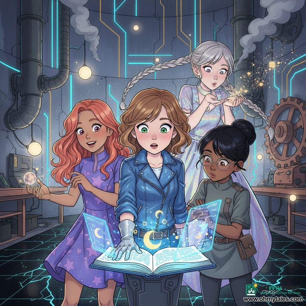 There are four girls, about 12: Mia at center with light chestnut bobbed curls, large green eyes, practical outfit with a blue leather jacket and silver gloves, hand on a glowing digital grimoire on a pedestal; Zoe to Mia’s left with long coral waves and a wide smile in a futuristic dress with purple star patterns, reaching toward a small floating moon; Luna to Mia’s right with black hair in a bun, round glasses and a subdued gray-green outfit, notebook and pen at her belt, leaning in to adjust holograms precisely; Aria slightly behind to the right with platinum-blonde braids and an iridescent dress, blowing to make star-dust particles sparkle. They stand in a vast cosmic forge: polished metal walls threaded with cyan and gold circuits, smoking ducts, suspended light orbs, a copper workbench and slow-turning giant gears, the black tiled floor scored with luminous energy filaments. The four activate the open digital grimoire on the pedestal; blue holographic pages float, emitting golden particles and forming small moons, mixing magic and technology in neon blues, violets and gold with the grimoire’s soft light lighting their awed faces.