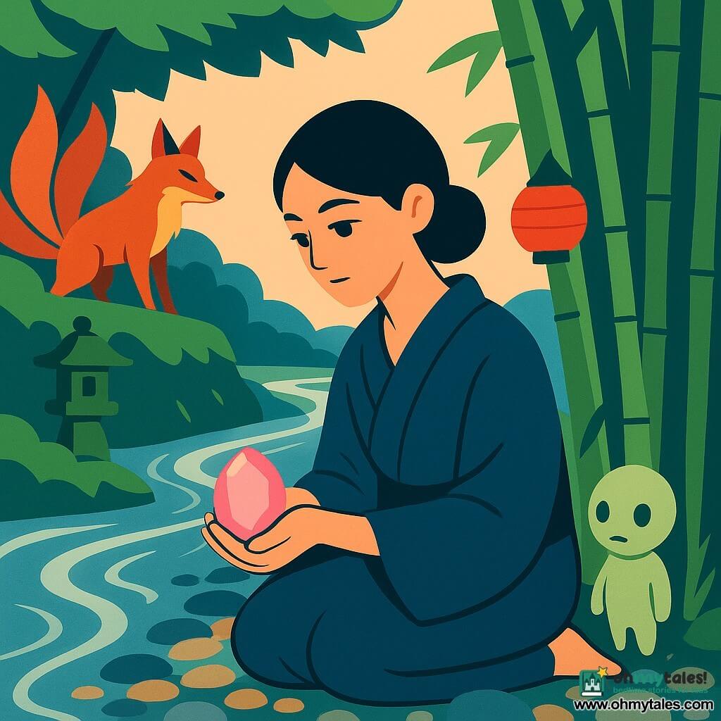 The main figure is a young woman with a gentle face and black hair in a bun, calm pond-colored eyes, kneeling in water to her knees on a pebbled shore at dawn, wet and holding a small glowing pink wish-stone with a resolute but kind expression; beside her, a small bamboo kodama spirit with a round, pale mossy body and dewdrop eyes watches from the base of a large bamboo stalk to her right; in the background left a red-furred kitsune with nine fanned tails stands on a higher bank with a sly look as if it has just slipped away; the setting is a winding silver-flowing river with polished pebble banks, tall curved bamboo forming a green tunnel, hanging paper lanterns and a moss-covered miniature stone shrine; mood: soft dawn light, pink reflections on the stone, calm and mysterious.