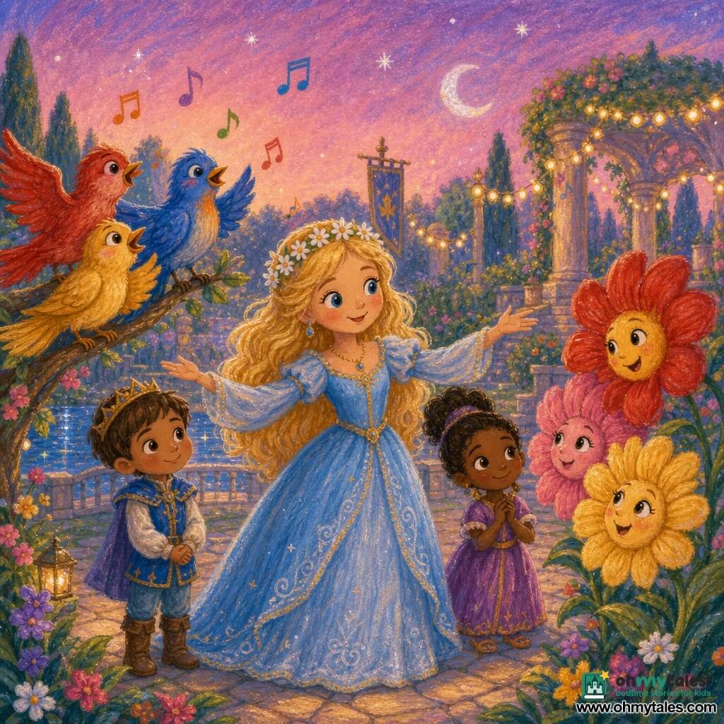 Princess Elara at center, smiling and gentle, golden-blond hair, flowing sky-blue dress, daisy crown, arms open to soothe; a shy, curious six-year-old prince with short brown hair and simple princely clothes stands behind her with hands clasped; a small group of colorful birds (red, yellow, blue) perched on a left branch, half-spread wings; talking large flowers to the right with red, pink and yellow petals and smiling faces leaning toward the princess; paved garden square with velvet green grass, a sparkling stream, string lights and a pink-violet twilight sky with a low silver moon; scene: the princess gathering birds and flowers to reconcile, warm, harmonious atmosphere with music notes drifting in the air.