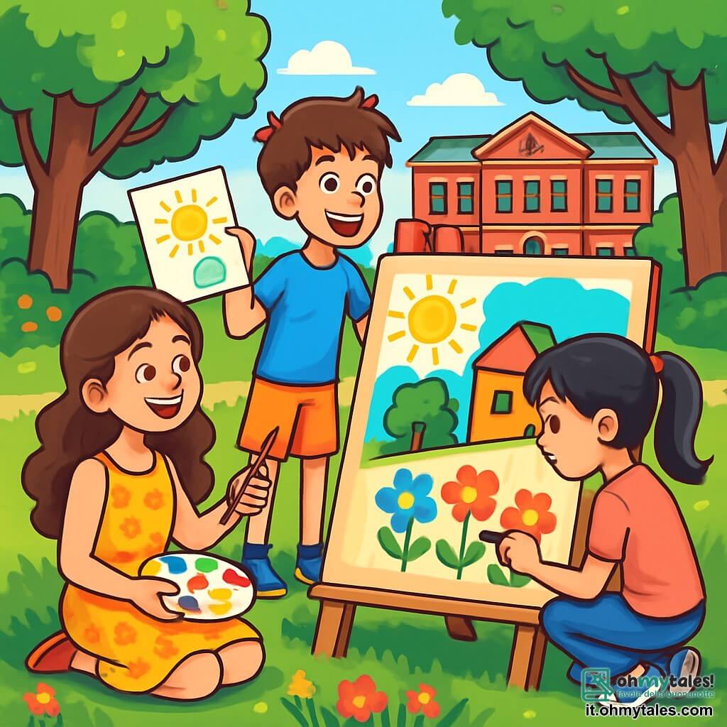 Ci sono 3 personaggi: - Sara: una ragazza di 10 anni, con lunghi capelli castani e ricci, indossa un vestito estivo giallo a fiori. È seduta sull'erba, con un grande sorriso, tiene un pennello e una tavolozza di colori. - Marco: un ragazzo di 11 anni, alto e magro, con capelli castani disordinati, indossa una maglietta blu e pantaloni corti. È in piedi accanto a Sara, mostrandole un disegno che ha fatto, con gli occhi pieni di eccitazione. - Giulia: una ragazza di 10 anni, con capelli lisci e neri, raccolti in una coda di cavallo, indossa una maglietta rosa e jeans. È accucciata davanti a un piccolo pannello di legno, dipingendo fiori colorati, concentrata sul suo lavoro. La scena principale si svolge in un parco soleggiato, pieno di verde lussureggiante. Grandi alberi con foglie verdi danzano dolcemente nel vento, e fiori multicolori decorano i sentieri. In lontananza, si intravede una vecchia biblioteca in mattoni rossi, con finestre con persiane verdi, che aggiunge un tocco di fascino all'ambiente. La situazione principale mostra i tre amici mentre creano insieme un grande murale colorato su un pannello di legno, celebrando la loro amicizia e le scoperte dell'estate. Risate risuonano nell'aria mentre condividono idee e si divertono a dipingere scene del loro quartiere.