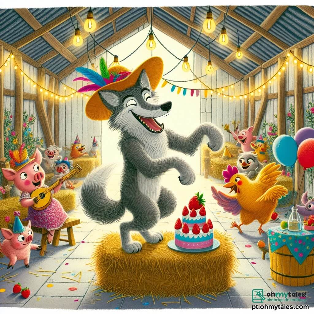 Um lobo chamado Lucas, com pelagem cinza e olhos brilhantes de travessura, dança alegremente no centro de uma festa animada, com um grande sorriso no rosto. Ao seu lado, uma galinha chamada Gilda, com penas douradas e um chapéu colorido, se ocupa em cortar um bolo decorado com morangos, enquanto ri. Um pequeno porquinho rosa, Pingo, toca sua flauta mágica, sentado em uma pilha de feno, enquanto um pato chamado Quico, com plumagem azul vibrante, decora o local com flores brilhantes. A cena acontece em um charmoso celeiro antigo, iluminado por luzes cintilantes, com balões coloridos flutuando ao redor. Os animais se divertem juntos, em um ambiente festivo e alegre, repleto de risos e música, criando um momento mágico de amizade e felicidade.
