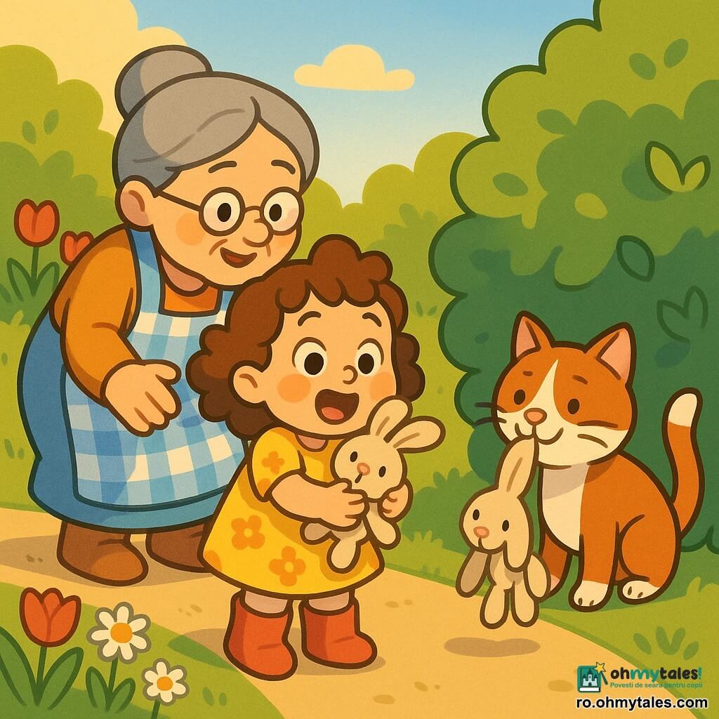 O fetiță de 2 ani, veselă și uimită, păr brunet creț, po cheeks rotunde și ochi largi, poartă o rochie galbenă cu flori și botine roșii; descoperă jucăria iepuraș ținută în gură de o pisică roșcată cu alb, aproape de un tufiș mare; bunica zâmbitoare, în jur de 65 de ani, păr cenușiu prins în coc și șorț în carouri, este ghemuită în spatele fetiței cu mâna întinsă spre ea; grădină, iarbă verde, flori colorate (lalele roșii, margarete albe), lumină caldă a soarelui; scenă de reîntâlnire fericită, atmosferă calmă și sigură, expresii clare și gesturi prietenoase; stil: culori vii, contururi nette, texturi simple, compoziție centrată pe cele trei personaje.