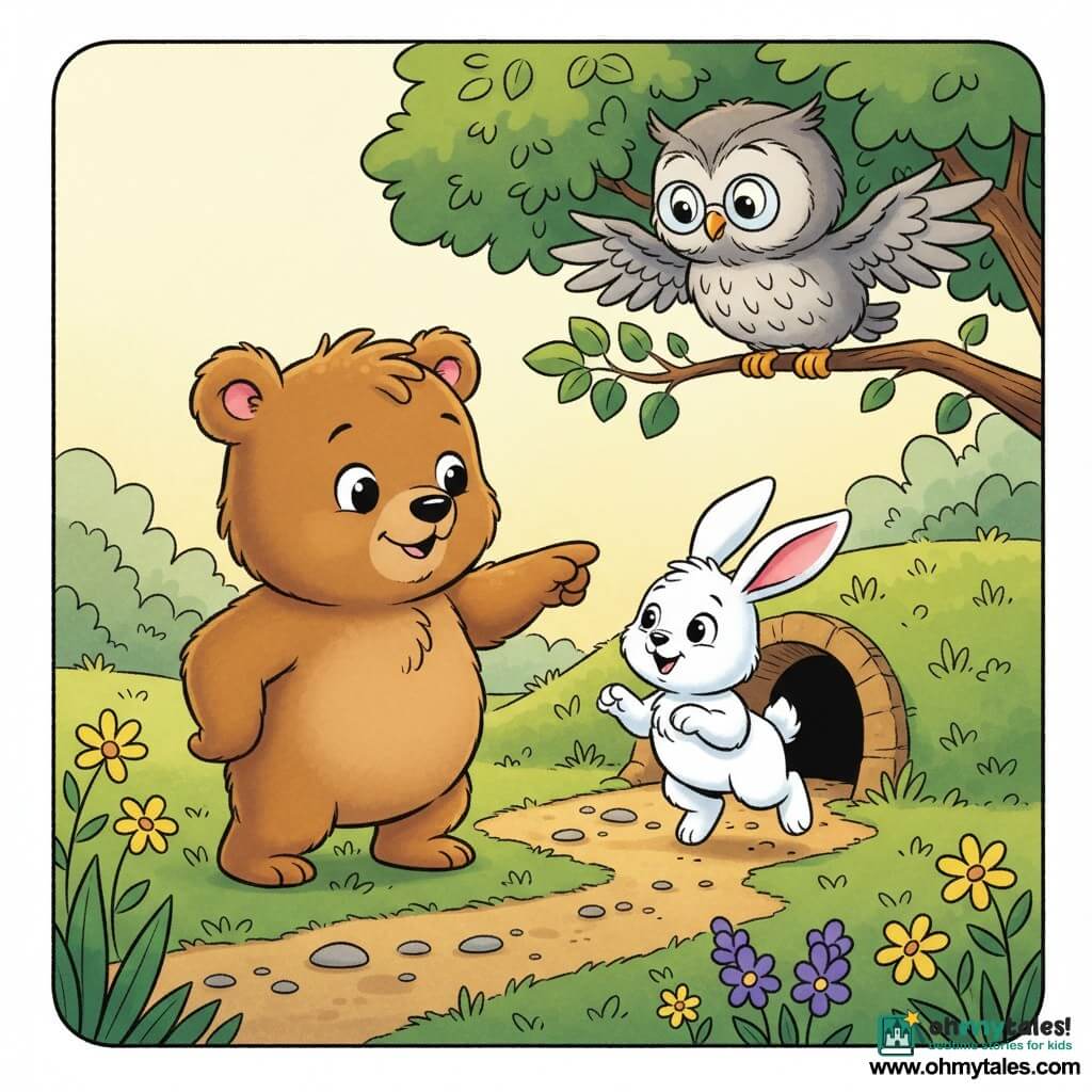 A small soft round brown bear with thick slightly curly fur, bright round eyes and a shy but brave smile stands on its hind legs pointing the way with a small paw; a small white bunny with long pink ears, silky fur and a relieved expression hops near an earthen burrow entrance; an old gray owl with wise eyes and round glasses perches on a low branch above them with wings slightly spread; scene in a sunny clearing with short green grass, scattered yellow and purple flowers, brown-trunked trees with rounded leaves, golden dirt paths and small stones; main situation: the bear guides the bunny home while the owl watches kindly; warm atmosphere, bright colors, clear outlines and simple shapes suitable for toddlers.