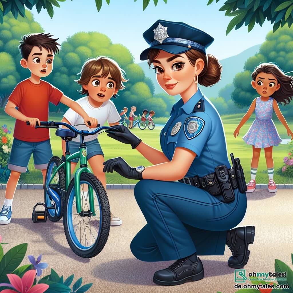 Im Mittelpunkt des Bildes steht die Kommissarin Anna Müller, eine Frau in ihren Dreißigern, die eine blaue Polizeiuniform mit einer Mütze trägt. Sie hat braune Haare zu einem Dutt gebunden und ein entschlossenes Lächeln im Gesicht, das ihre Entschlossenheit zeigt, das Rätsel der gestohlenen Fahrräder zu lösen. Sie hockt und untersucht ein grünes Fahrrad mit blauen Streifen, ihr Blick konzentriert auf die Details gerichtet. Rechts von ihr steht ein etwa 10-jähriger Junge in einem roten T-Shirt und Shorts, der neugierig zuschaut. Er hat zerzauste blonde Haare und aufgeregte Augen. Links von ihr beobachtet ein 9-jähriges Mädchen in einem rosa Kleid mit einem Fahrradkorb aufmerksam die Szene, ihre braunen Haare wehen im Wind. Sie sieht besorgt, aber hoffnungsvoll aus. Die Szene spielt in einem grünen Park mit majestätischen Bäumen im Hintergrund, bunten Blumen und einem Kiesweg. In der Ferne spielen Kinder, was der Illustration eine fröhliche Atmosphäre verleiht. Die Hauptsituation zeigt Anna, die ein gestohlenes Fahrrad untersucht, umgeben von den Kindern, die ihr helfen, alle vereint in ihrem Bestreben, die verschwundenen Fahrräder wiederzufinden.