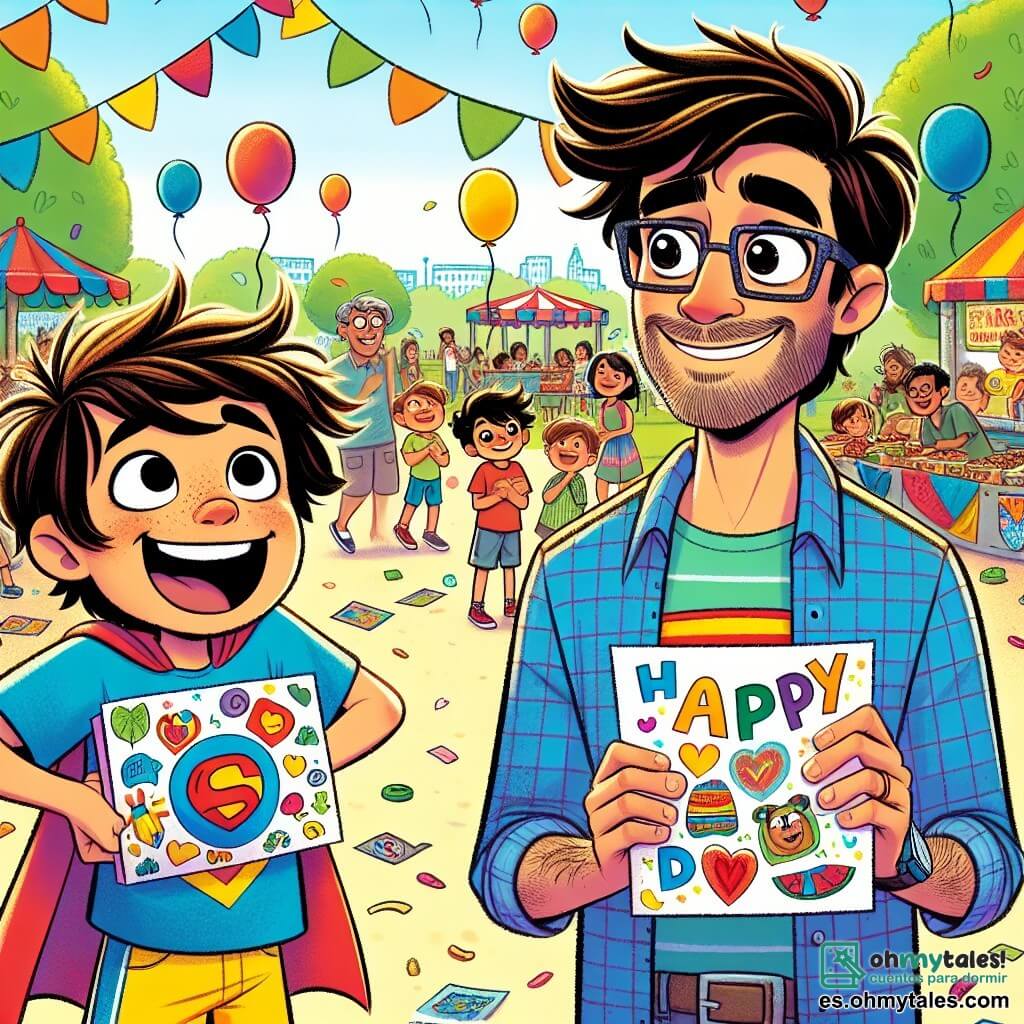 Un niño de 10 años, Lucas, con cabello castaño desordenado y ojos brillantes de alegría, sostiene un gran mapa colorido en sus manos. Lleva una camiseta azul con un dibujo de superhéroe y un pantalón corto amarillo, mostrando una sonrisa radiante de emoción y amor. A su lado, su padre, el Sr. Martínez, un hombre de unos cuarenta años con barba ligera y gafas, lo escucha con una mirada orgullosa y conmovida, vistiendo una camisa a cuadros y pantalones informales. La escena transcurre en un parque animado, lleno de familias que celebran el Día del Padre. Globos de colores flotan en el aire, los niños juegan alrededor de un gran área de juegos, y los puestos de comida añaden un toque festivo con colores vivos. Lucas, con una expresión decidida, presenta orgullosamente su tarjeta hecha a mano a su padre, listo para mostrarle todo el amor que siente por él en este día especial.