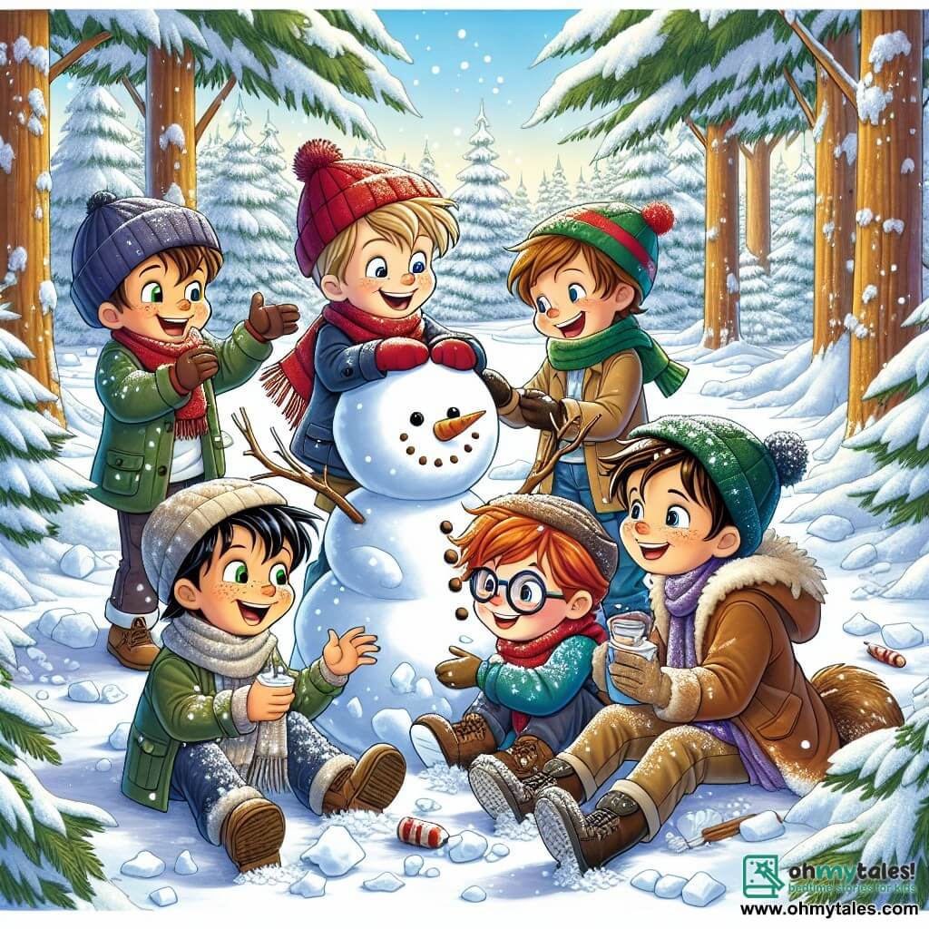 In an enchanted clearing of Maple Forest, five five-year-old boys are having fun together. Theo, a boy with blonde hair and blue eyes, laughs while building a snowman, while Max, with his brown hair and glasses, throws a snowball at Oliver, a boy with red hair and freckles, who marvels at the snowman. Benny, a little boy with brown hair and a red cap, makes snow angels, and Sam, with his black hair and colorful scarf, sits on a pile of snow holding a cup of hot chocolate. The clearing is surrounded by tall trees covered in sparkling snow, and snowflakes gently fall from the light blue sky. The ground is covered with a thick layer of white snow, and ice crystals shine in the sun, creating a magical atmosphere. The boys laugh and play together, sharing moments of joy and camaraderie while building their snowman and throwing snowballs, filled with excitement and friendship in this fairy-tale winter landscape.