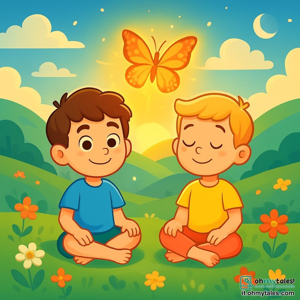 Ci sono due personaggi principali: Luca, un ragazzo di 7 anni con capelli castani e occhi vivaci, indossa una maglietta blu e pantaloni verdi, seduto sull'erba con le gambe incrociate e un sorriso sereno; e Marco, un ragazzo di 7 anni con capelli biondi e occhi chiari, indossa una maglietta gialla e pantaloni corti rossi, seduto accanto a Luca con le mani sulle ginocchia e gli occhi chiusi mentre respira profondamente. La scena si svolge in una valle tranquilla, circondata da dolci colline fiorite e un cielo blu brillante con nuvole bianche. Un grande farfalla dalle ali scintillanti vola sopra i ragazzi, illuminata dalla luce dorata del sole al tramonto. I due ragazzi meditano in questa valle magica, respirando lentamente e lasciandosi avvolgere dalla dolcezza dell'ambiente, i loro volti esprimono pace e serenità mentre la luce della luna inizia a comparire all'orizzonte, aggiungendo un tocco di magia all'atmosfera.