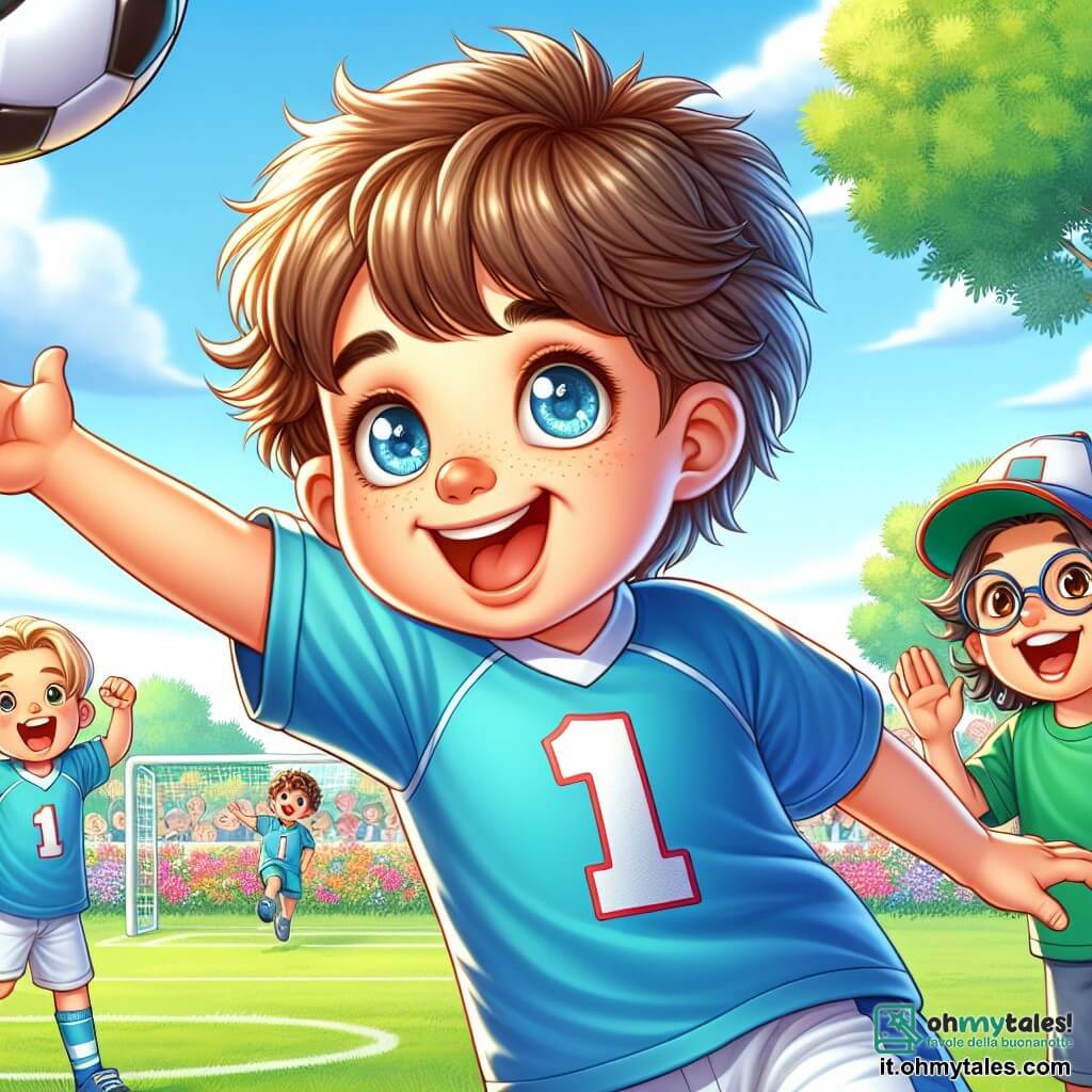 Un ragazzo di 12 anni, Marco, è al centro dell'immagine, sorridente con occhi scintillanti di gioia. Ha capelli castani arruffati e indossa una maglietta da calcio blu con il numero 1. Marco sta calciando un pallone verso la porta, il suo viso è radioso di eccitazione e determinazione. Accanto a lui, Luca, un ragazzo di 11 anni con capelli biondi e occhiali, lo incoraggia con un grande sorriso. Indossa una maglietta verde ed è pronto a passare il pallone a Marco. Un po' più lontano, Sara, una ragazza di 12 anni con capelli lunghi e ricci, applaude con entusiasmo, indossando un cappellino della squadra. La scena si svolge su un campo da calcio soleggiato, circondato da alberi verdi e fiori colorati. Il cielo è blu con alcune nuvole bianche, e dei bambini giocano sullo sfondo, creando un'atmosfera gioiosa e dinamica. La situazione principale mostra Marco mentre calcia il pallone verso la porta, mentre i suoi amici lo incoraggiano, illustrando lo spirito di squadra e l'inclusione, nonostante le sfide.