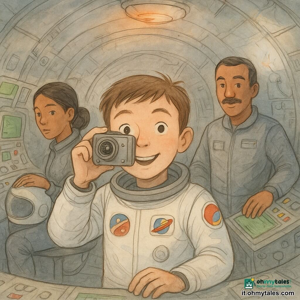 Luca, sorridente e un po' meravigliato, capelli castani corti in tuta spaziale bianca con toppa colorata, tiene vicino al viso una piccola videocamera vintage e guarda l'obiettivo; Marco, con un leggero baffo e sulla trentina, in tuta grigia dietro di lui con la mano su una console tattile e un'espressione rassicurante; Anna, collega adulta con i capelli raccolti e casco sotto il braccio, seduta a sinistra su un seggiolino della navetta concentrata sugli schermi; interno del simulatore: cabina metallica rotonda con pannelli di controllo e schermi verdi, cavi visibili, sedili con imbracature, luce arancione soffusa e una piccola scintilla blu da un guasto parziale; Luca registra il suo diario video mentre l'allarme svanisce e la squadra resta calma, solidale e coraggiosa.