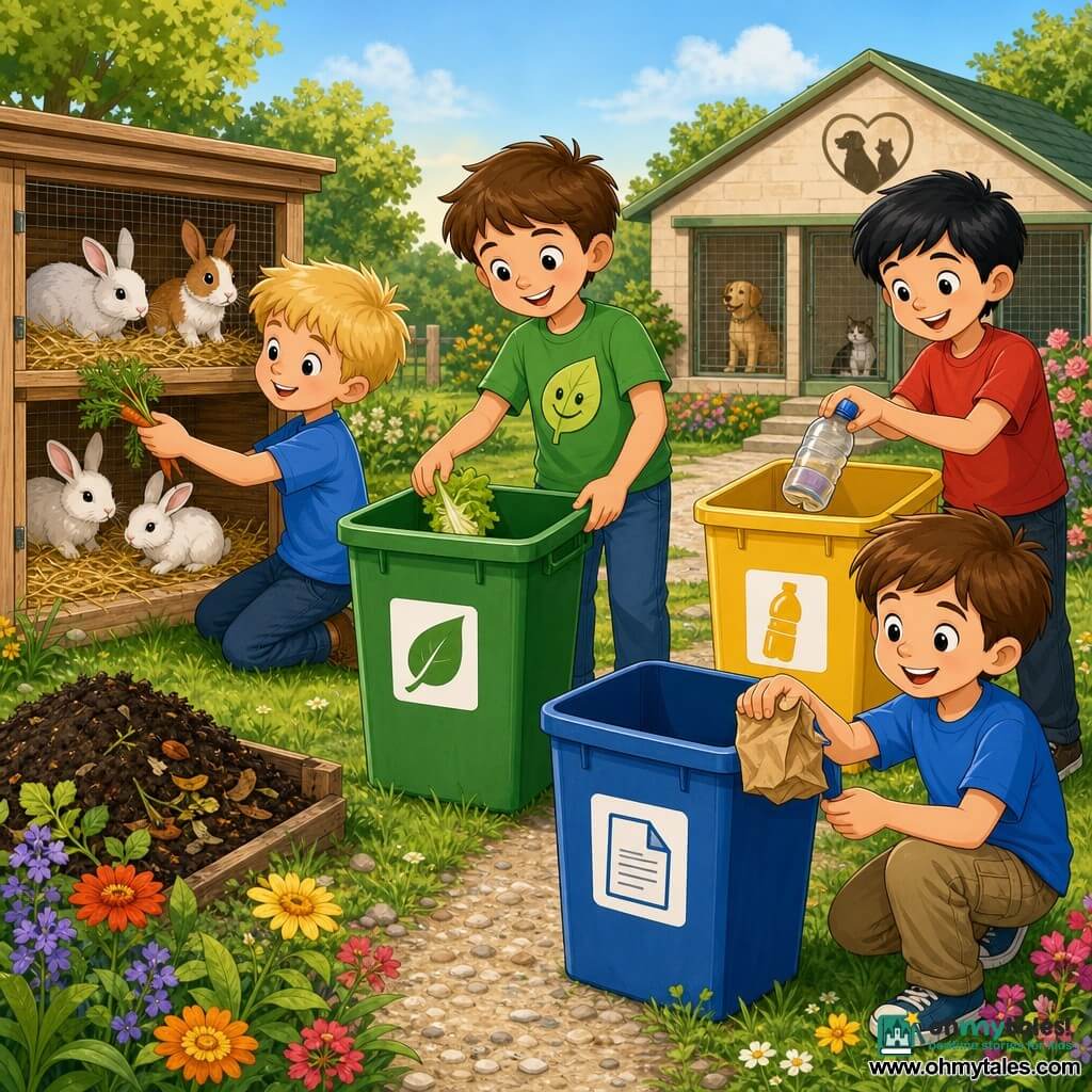 Four boys in a sunny morning garden behind an animal shelter: Leo (~8, short brown hair, green t‑shirt with a smiling leaf) stands center placing a lettuce leaf by the green bin; Oscar (~9, tousled blond hair) kneels left by a light-wood rabbit hutch holding carrot tops to feed the small white and brown rabbits; Max (~8, black hair, red t‑shirt) stands right, throwing a plastic bottle into the yellow bin; Sam (~8, chestnut hair, blue t‑shirt) stands slightly forward beside the blue bin, about to toss a crumpled paper bag; lush grass, fine gravel path, a row of three labeled colorful bins (green, blue, yellow), flowerbeds, a small dark compost heap, bright warm morning light, all smiling and sorting waste with clear, colorful 2D cartoon-style outlines.
