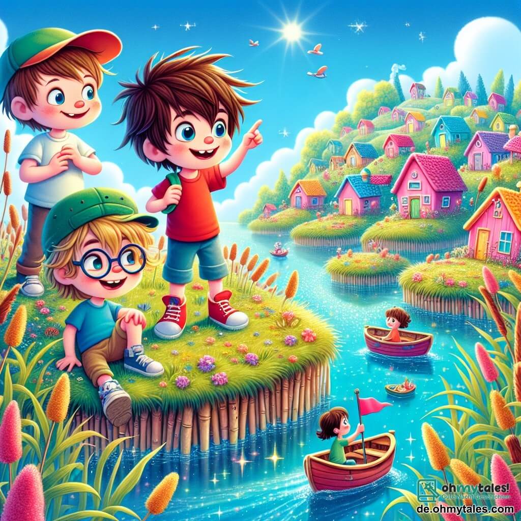 Drei Jungen, Leo, Max und Ben, im Alter von 8 bis 9 Jahren, stehen auf einer schwimmenden Schilfinsel, umgeben von bunten rosa und blauen Häusern. Leo mit zerzausten braunen Haaren und einem roten T-Shirt lächelt und hebt die Arme, während Max mit blonden Haaren und einer grünen Mütze ein kleines buntes Boot auf dem Wasser zeigt. Ben, der eine Brille trägt und ein blaues T-Shirt hat, schaut neugierig umher und hält eine kleine Fahne der Insel. Ihre Insel ist von einem funkelnden See umgeben, auf dem bunte Holzboote sanft fahren, und der Himmel strahlt in einem leuchtenden Blau, gesprenkelt mit flauschigen weißen Wolken. Bunte Blumen blühen auf der Insel und verleihen dieser zauberhaften Landschaft einen Hauch von Magie. Die Jungen sind auf einem Abenteuer und suchen Leos kleinen roten Rucksack, den er beim Spielen verloren hat. Sie befragen die Kinder der Insel, die lachen und ihnen bei ihrer Suche helfen, was eine fröhliche und freundliche Atmosphäre schafft.