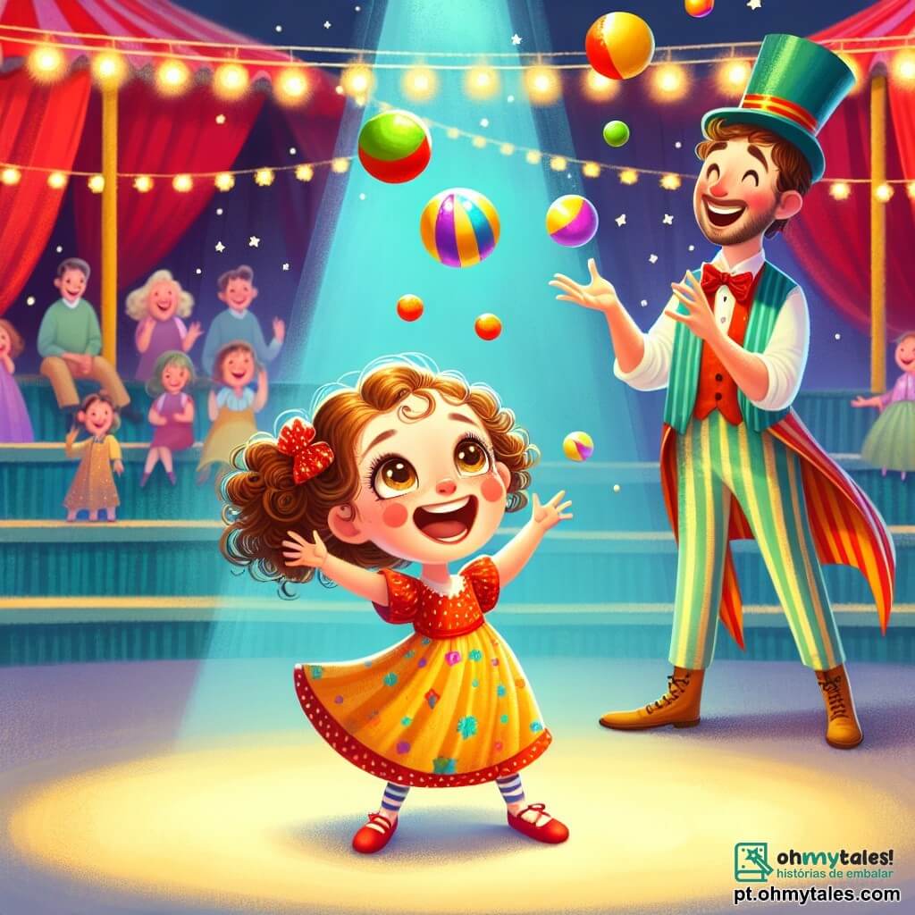 Uma menina de 2 anos, Lili, com grandes olhos brilhantes e cachos castanhos, usa um vestido colorido e sapatos vermelhos. Ela ri alegremente, com os braços levantados, enquanto tenta pegar uma bolinha colorida lançada por um malabarista. O malabarista, um homem de cerca de 30 anos, está vestido com um traje listrado e um chapéu alto. Ele sorri amplamente e está ao lado de Lili, lançando bolas multicoloridas no ar. O circo é um lugar mágico, cheio de cores vibrantes: tendas vermelhas e amarelas, luzes cintilantes e espectadores maravilhados sentados em bancos de madeira. Nesta cena, Lili tenta pegar uma bolinha que cai, enquanto o malabarista a observa com incentivo, criando uma atmosfera de alegria e encanto.