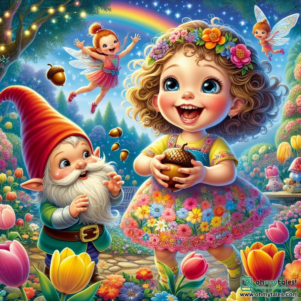 A 4-year-old girl with curly blonde hair and big curious eyes is joyfully jumping in a magical garden. She wears a colorful dress adorned with flowers and holds a small acorn in her hands, her face beaming with excitement. Next to her, a jovial gnome named Nibbles, about 6 years old with a red beard and a pointy red hat, is juggling acorns, smiling widely. He stands slightly back, ready to throw an acorn to the girl. Flitter, the fairy, is a delicate creature with sparkling wings and silver hair, joyfully floating above them. She looks mischievous and encourages the girl to play with Nibbles. The enchanting garden is filled with brightly colored flowers in shades of pink, yellow, and blue, with tulips that seem to laugh and shimmering butterflies fluttering around. In the background, a vibrant rainbow stretches across the sky, adding a touch of magic to the scene. The main situation shows the girl laughing as she tries to juggle an acorn while Nibbles watches her with amusement, and Flitter dances around them, encouraging their play.