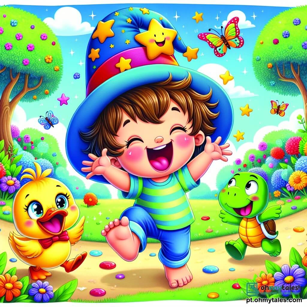 Um garotinho de 2 anos, Léo, com cabelos castanhos bagunçados e olhos brilhantes de curiosidade, usa um grande chapéu mágico colorido. Ele ri alto, de braços abertos, em um parque ensolarado cheio de flores multicoloridas. Ao seu lado, um pato alegre, com plumagem amarela e um sorriso divertido, salta fazendo "quack, quack" felizes. Um pouco mais longe, uma tartaruga engraçada, com carapaça verde e olhos travessos, caminha lentamente para trás, acrescentando humor à cena. O parque é encantador, com árvores de folhas brilhantes, flores dançantes e um céu azul com nuvens fofas. Borboletas coloridas voam ao redor, trazendo um toque de magia. A cena principal mostra Léo, o pato e a tartaruga dançando juntos, criando um momento alegre e cheio de risos, onde amizade e aventura se encontram em um mundo fantástico e humorístico.