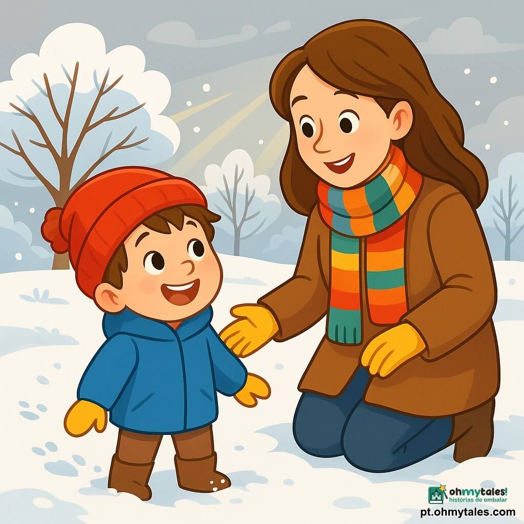 Um menino de 4 anos, chamado Tomás, com cabelos castanhos bagunçados e bochechas rosadas, está de pé em um jardim coberto de neve. Ele usa um grande casaco azul, um gorro vermelho vivo e luvas amarelas, com um grande sorriso maravilhado no rosto e os olhos brilhando de alegria. Sua mãe, uma mulher de cerca de trinta anos com cabelos longos e castanhos, está ao lado dele, vestida com um cachecol colorido e um casaco quente, olhando ternamente para o filho enquanto lhe mostra o jardim. O jardim está coberto por uma espessa camada de neve brilhante, com árvores despidas de galhos brancos e rastros de pequenos animais na neve. O céu é cinza, mas alguns raios de sol atravessam as nuvens, iluminando a paisagem. Tomás bate os pés na neve, criando pequenos flocos que voam ao seu redor, enquanto ri e se diverte com sua mãe, que o incentiva a explorar o mundo invernal.