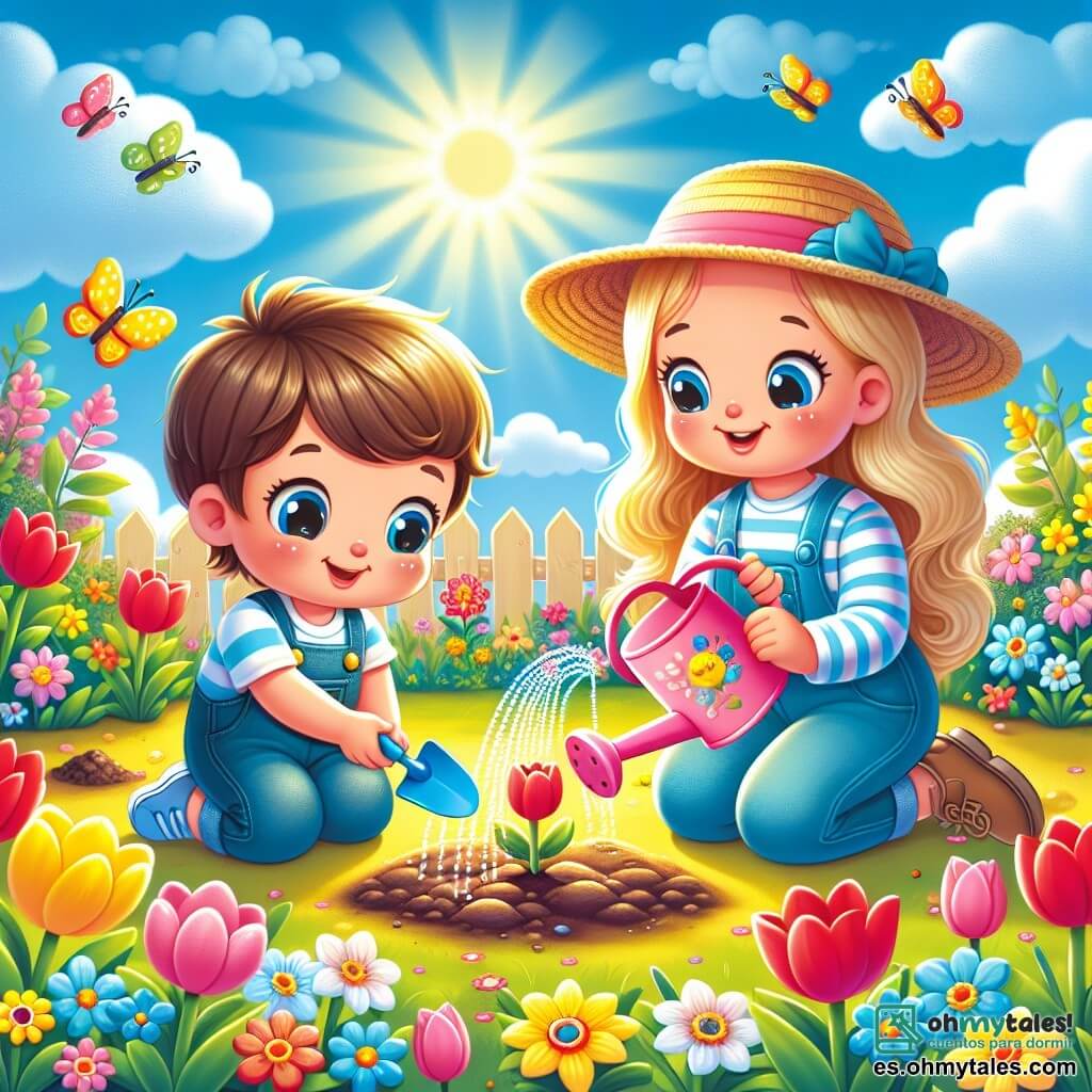 En un jardín soleado, un niño de cuatro años llamado Pablo, con cabello castaño y ojos brillantes, está agachado, sosteniendo una pequeña pala azul, plantando semillas de flores. A su lado, su mamá, una mujer sonriente con cabello largo y rubio, lleva un sombrero de paja y riega suavemente la tierra con una bonita regadera rosa. El jardín está lleno de flores coloridas, tulipanes rojos y narcisos amarillos, mientras mariposas multicolores vuelan a su alrededor. El cielo es de un azul brillante, salpicado de algunas nubes blancas y esponjosas. La escena principal muestra a Pablo y su mamá descubriendo juntos la magia de la primavera, con flores que comienzan a brotar a su alrededor, simbolizando la alegría y el renacimiento de la naturaleza.