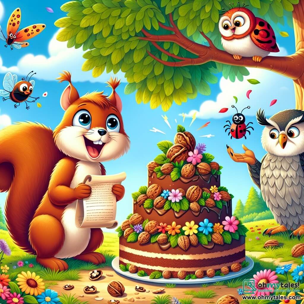 An illustration depicts a young squirrel with brown fur and a bushy tail, showing joy and excitement as he holds a beautiful nut cake decorated with colorful flowers and leaves, ready to present it to his father. Beside him, a wise owl with gray feathers and large round eyes observes with a kindly smile, holding a recipe scroll in its claws. A small red ladybug with black spots joyfully flies around the cake, expressing its enthusiasm with rapid wingbeats. The scene takes place in a sunny clearing surrounded by majestic trees with bright green leaves, with sunlight filtering through the foliage, creating a warm and festive atmosphere. The main situation shows the young squirrel ready to surprise his father for Father's Day with a homemade cake, symbolizing love and friendship. Additional graphic elements include colorful wildflowers scattered around the clearing, birds singing in the trees, and a clear blue sky dotted with a few white clouds, adding a touch of magic to the celebration.