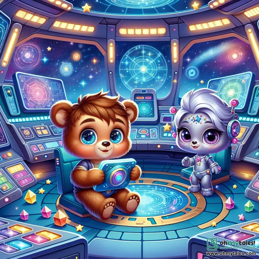 An illustration depicts a small teddy bear and a boy with brown fur and sparkling curious eyes standing in the center of a spaceship control room. He shows an expression of wonder and excitement while holding a shiny gadget. Beside him, a stylish alien with silver skin and star-shaped eyes observes the control screens with a benevolent smile, appearing focused and friendly, ready to assist the young bear in his adventure. The main setting is a futuristic control room filled with bright panels, colorful buttons, and large windows offering a view of a starry sky and distant planets. Sparkling crystals are arranged around the room, adding a touch of magic to the environment. The main scene shows the young bear and the alien working together to navigate through space, aiming to reach a mysterious planet. Holograms of star maps float around them, illuminated by a soft blue light. Other graphic elements include bright stars and colorful nebulae in the background, along with futuristic tools and sparkling crystals that create an atmosphere of adventure and discovery.