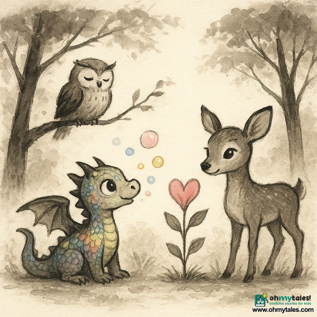 A small dragon named Zephyr, with shimmering rainbow-colored scales, blows colorful bubbles with a look of wonder. Next to him, a magnificent plant with heart-shaped flowers, each petal a tender pink, blooms under the soft morning light. Oliver the owl, with his gray feathers and wise eyes, observes from a low branch, nodding with satisfaction. Daisy the deer, with her light brown coat and sparkling eyes, stands near Zephyr, admiring the flowers with a radiant smile. The scene unfolds in an enchanting clearing bathed in golden light, where majestic trees surround the scene, their leaves gently dancing in the breeze. The main situation shows Zephyr and his friends discovering the beauty of Valentine's flowers together, uniting the forest in joyful harmony.