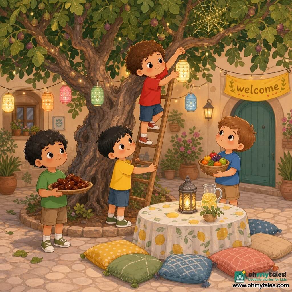 Four boys — Sami (6, olive skin, short black hair, yellow T‑shirt) holding the base of a ladder in front of a gnarled fig tree; Bilal (6, curly brown hair, red T‑shirt) halfway up the ladder hanging a small lit paper lantern in a high branch; Omar (6, curly black hair, green T‑shirt) on the left holding a tray of shiny dates and smiling; Yusuf (6, light brown hair, blue T‑shirt) on the right holding a bowl of colorful fruit and looking at the lantern. They are in a small paved courtyard with paper lantern garlands, a "welcome" banner above a door, low cushions around a lemon‑print tablecloth, and a fine spiderweb catching the lantern's warm light like a tiny golden constellation; composition centered on the tree and lantern, warm pastel colors and soft lighting.